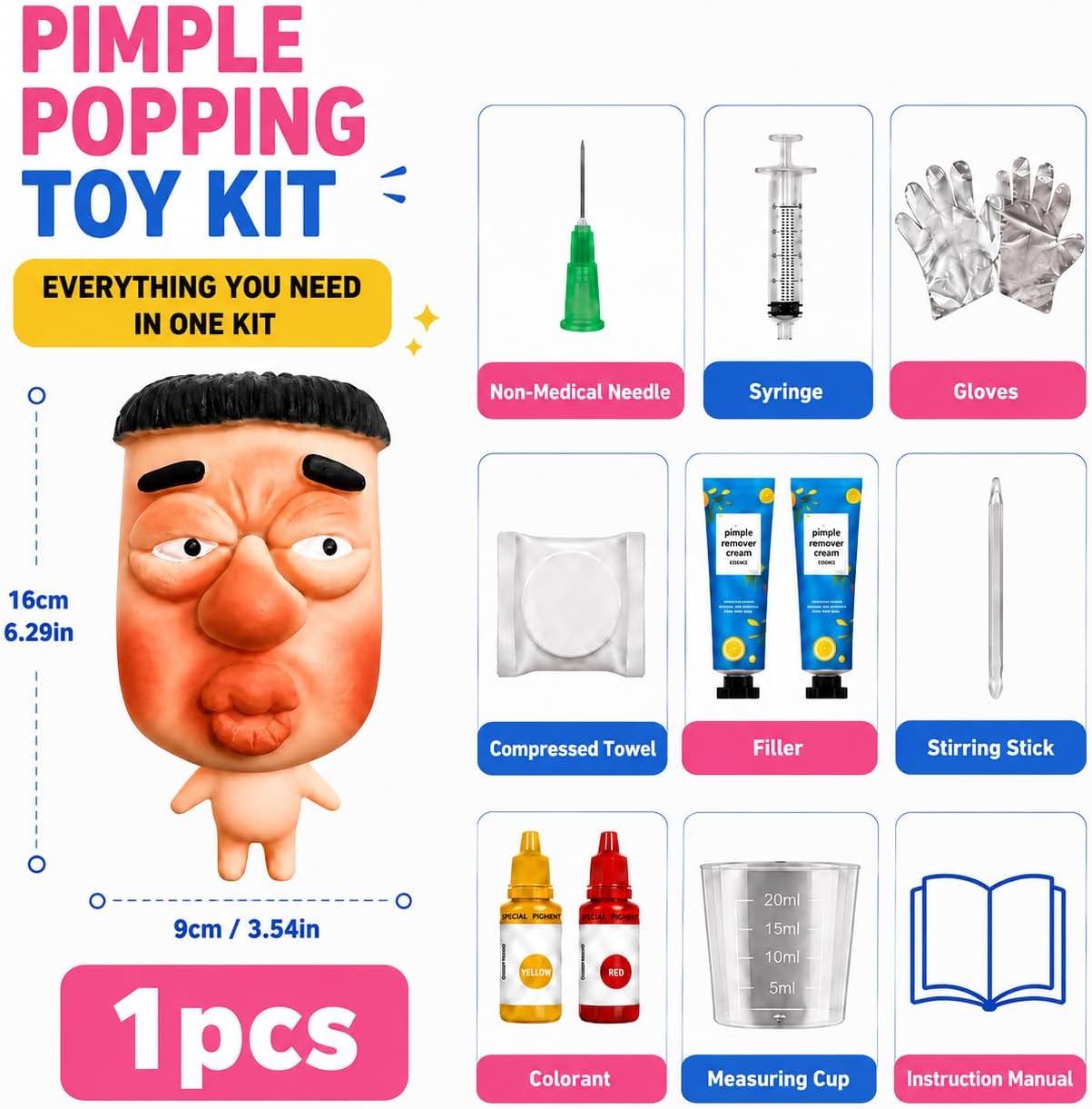 Pimple Popping Toy Kit for Adults & Teens, Refillable Funny Face Squishy with Sensory Compound, Pimple Popper Toy, ASMR Fidget Toy, Satisfying Popping Kit, Novelty Desk Gift (SquishFace)