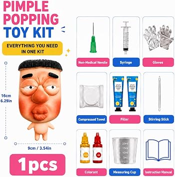 Pimple Popping Toy Kit for Adults & Teens, Refillable Funny Face Squishy with Sensory Compound, Pimple Popper Toy, ASMR Fidget Toy, Satisfying Popping Kit, Novelty Desk Gift (SquishFace)