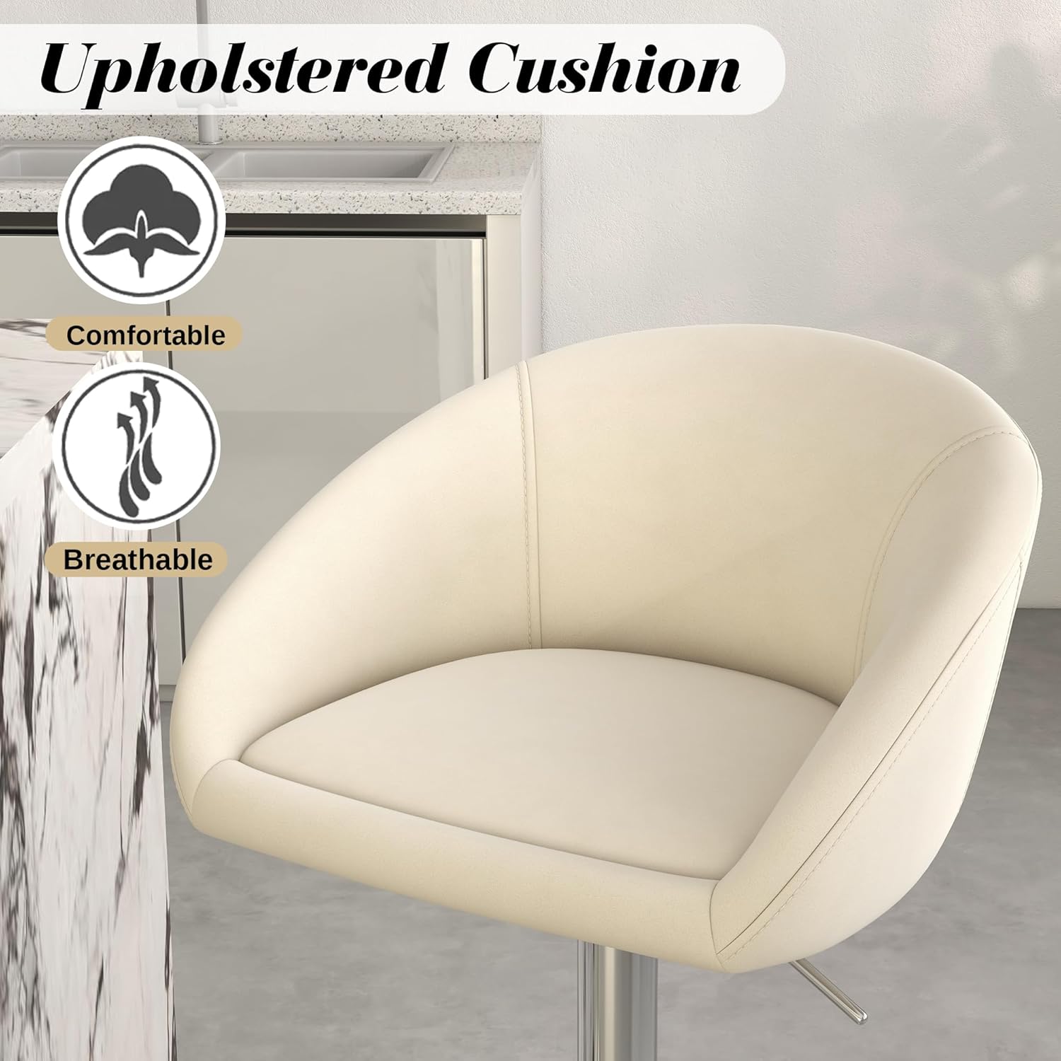 Bar Stools Set of 4, Modern Velvet Swivel Barstools Adjustable Counter Height Island Chair with Silver Metal Base Footrest for Home Kitchen Pub, Beige