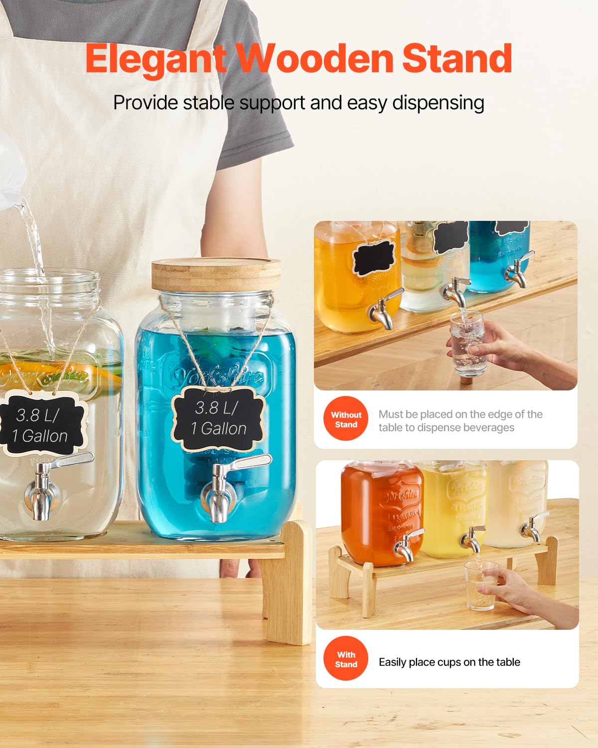 VEVOR Dispensador de Bebidas, 3 uds, 3,8 L, para Fiestas, Dispensador de Jugo de Vidrio con Soporte de Madera, Grifo de Acero Inoxidable, Infusor, para Té Helado, Limonada y Jugo, Transparente