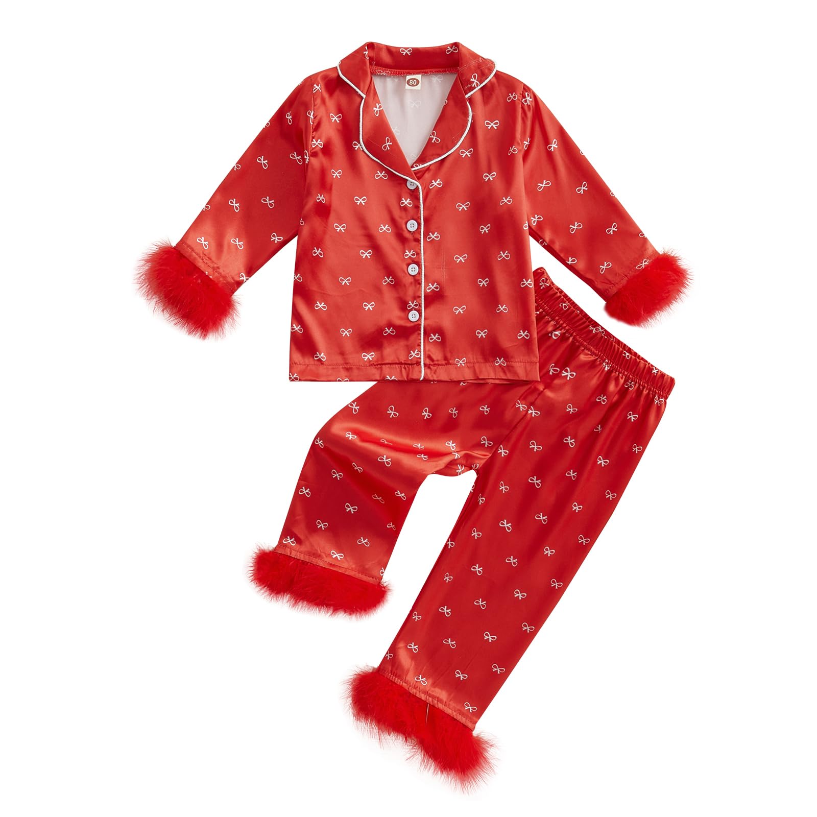 Afunbaby Toddler Baby Girl Boy Silk Satin Pajamas Set Button Down Pjs Kids Long Sleeve Shirt Pants Christmas Pjs Sleepwear (Red Bowtie, 1-2 Years)