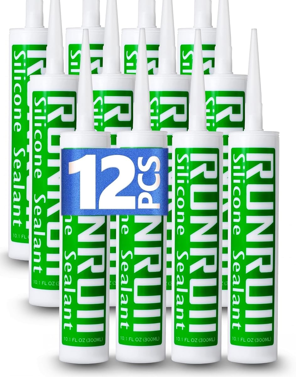Calafateo de silicona avanzado para cocina y baño, cartucho de 10 fl oz, paquete de 12 selladores de silicona 100% impermeables, adherencia más fuerte, sellador de silicona a prueba de encogimiento y grietas (blanco-paquete de 12)
