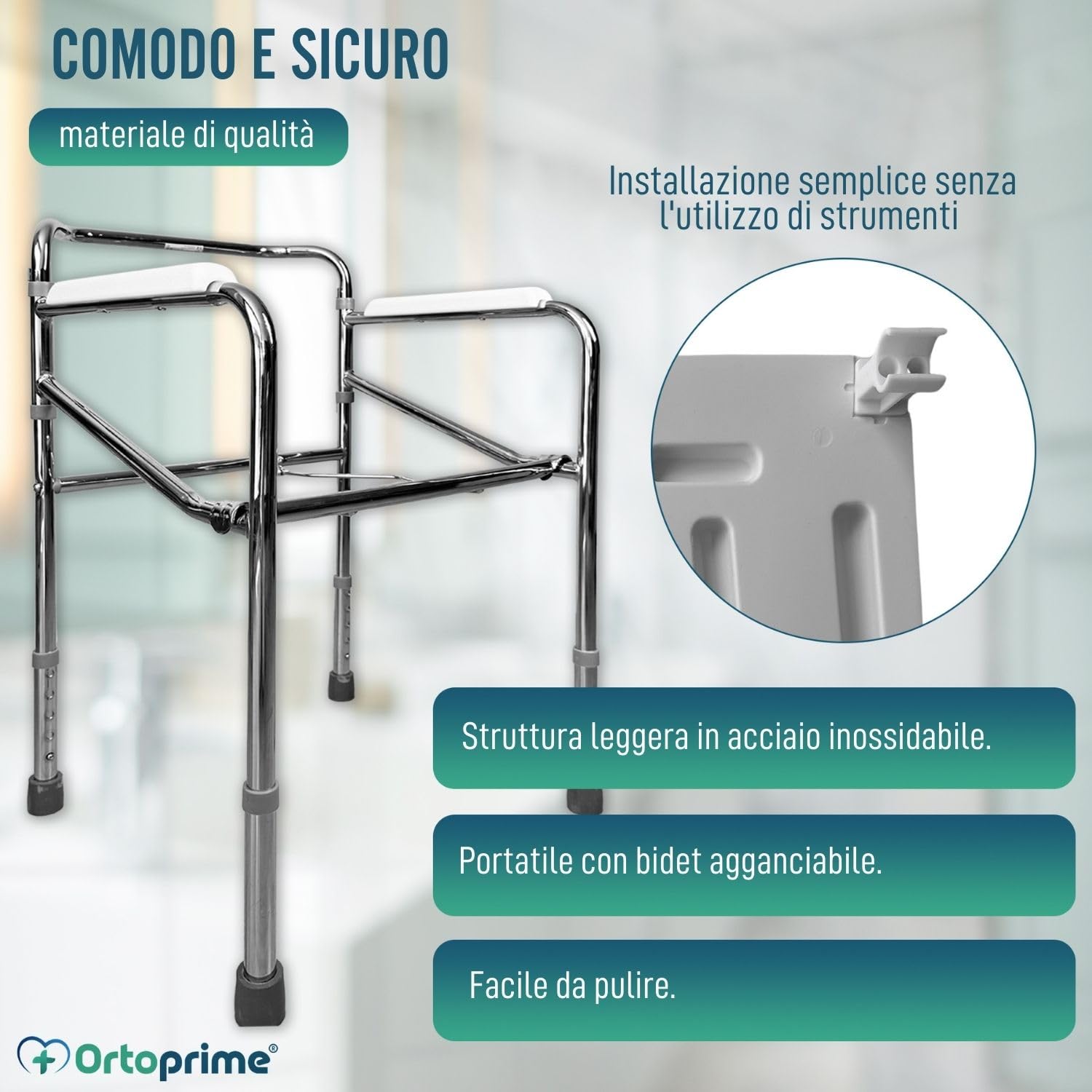 OrtoPrime Sedia WC per Anziani - Sedia Comoda con WC Multifunzionale, Pieghevole, Ideale per Disabili - Sedia Orinale Portatile con Bidet Acoplable - Sedia da Doccia e Bagno per Anziani.