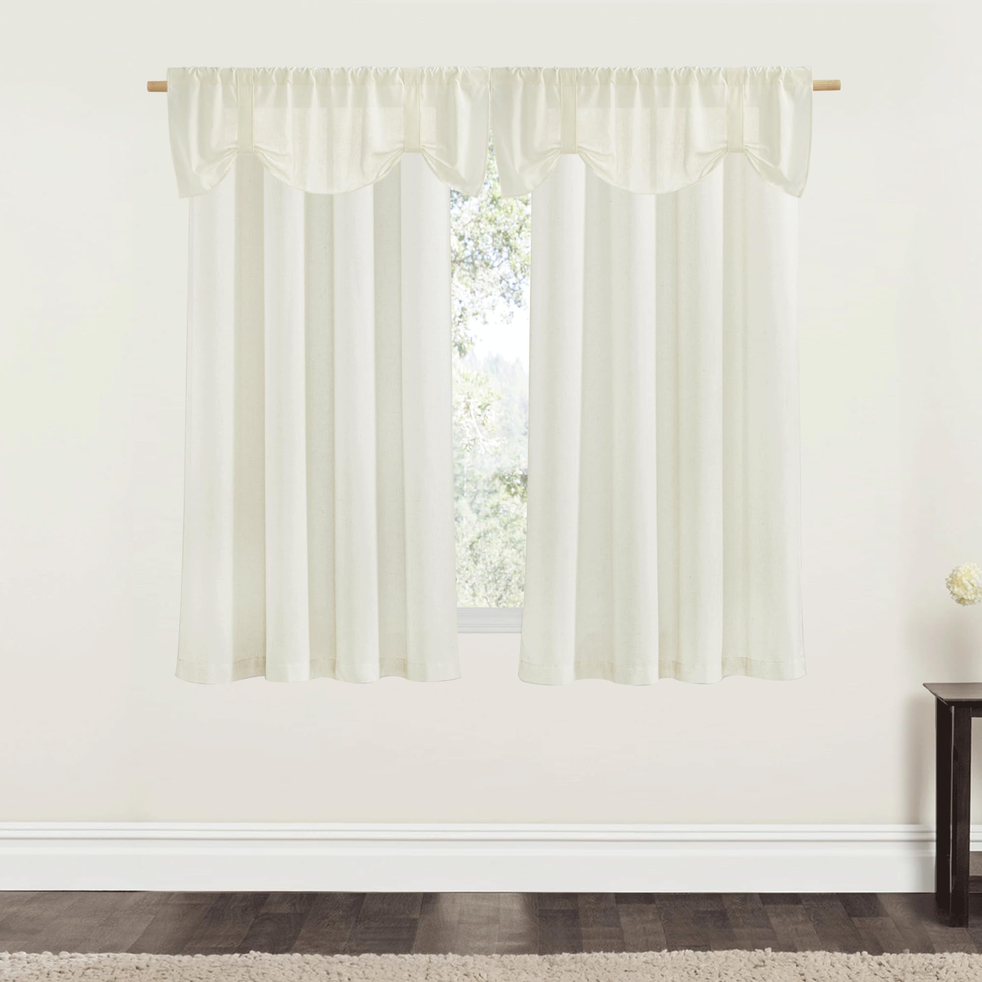 NICETOWN 2 Panels Grommet 55" x 63" Linen Curtains with 2 Adjustable 52" x 18" Linen Kitchen Valances, Off White