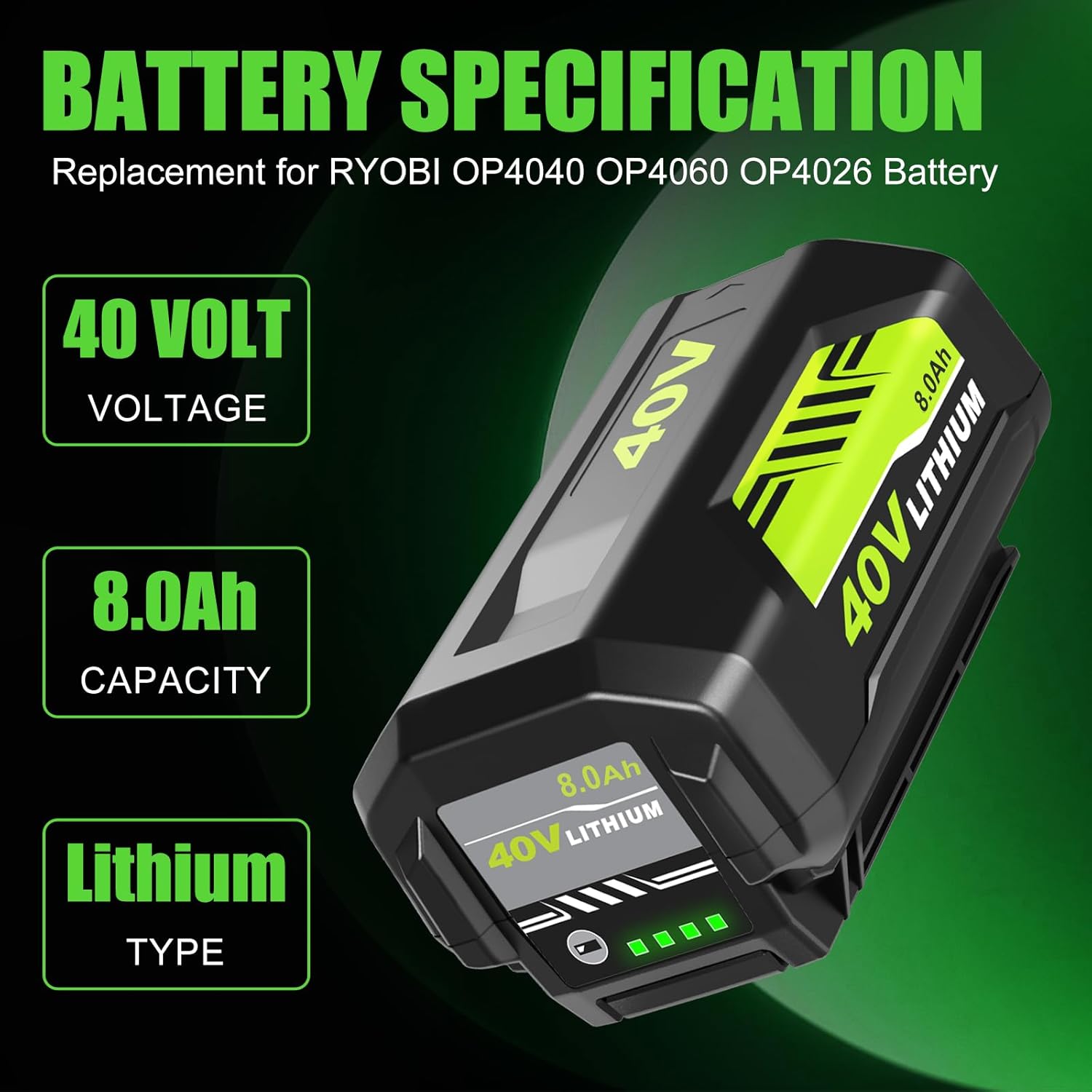2Packs OP40804 Battery Replacement for Ryobi 40V Battery 8.0Ah Compatible with Ryobi 40 Volt Lithium OP4075A OP40601 OP40602 OP40404 OP40501 OP40261 OP4026 Power Tools