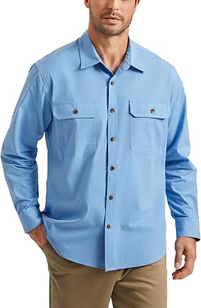 HISDERN 335 Men Long Sleeve Work Shirts with Two Pockets Cotton Button Down Up Shirt Casual Relaxed Fit Workshirt Man