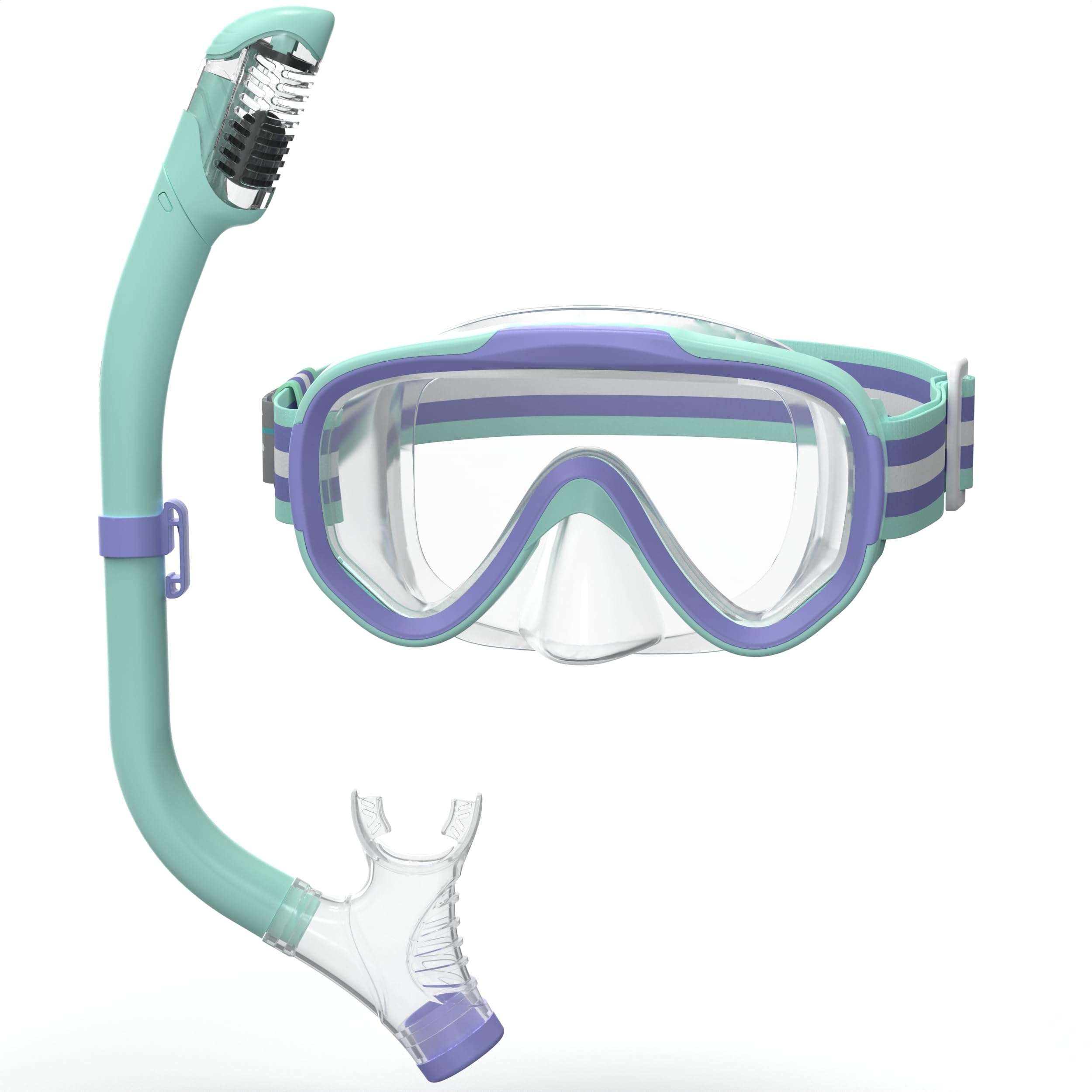 ACURE Kids Swim Goggles for Boys Girls Ages 3-14, Anti-Fog Snorkel Mask Set with Nose Cover and Fabric Strap Children Diving Mask in Swimming Pool for Youth (Mint/Purple, Mask & Snorkel Set)