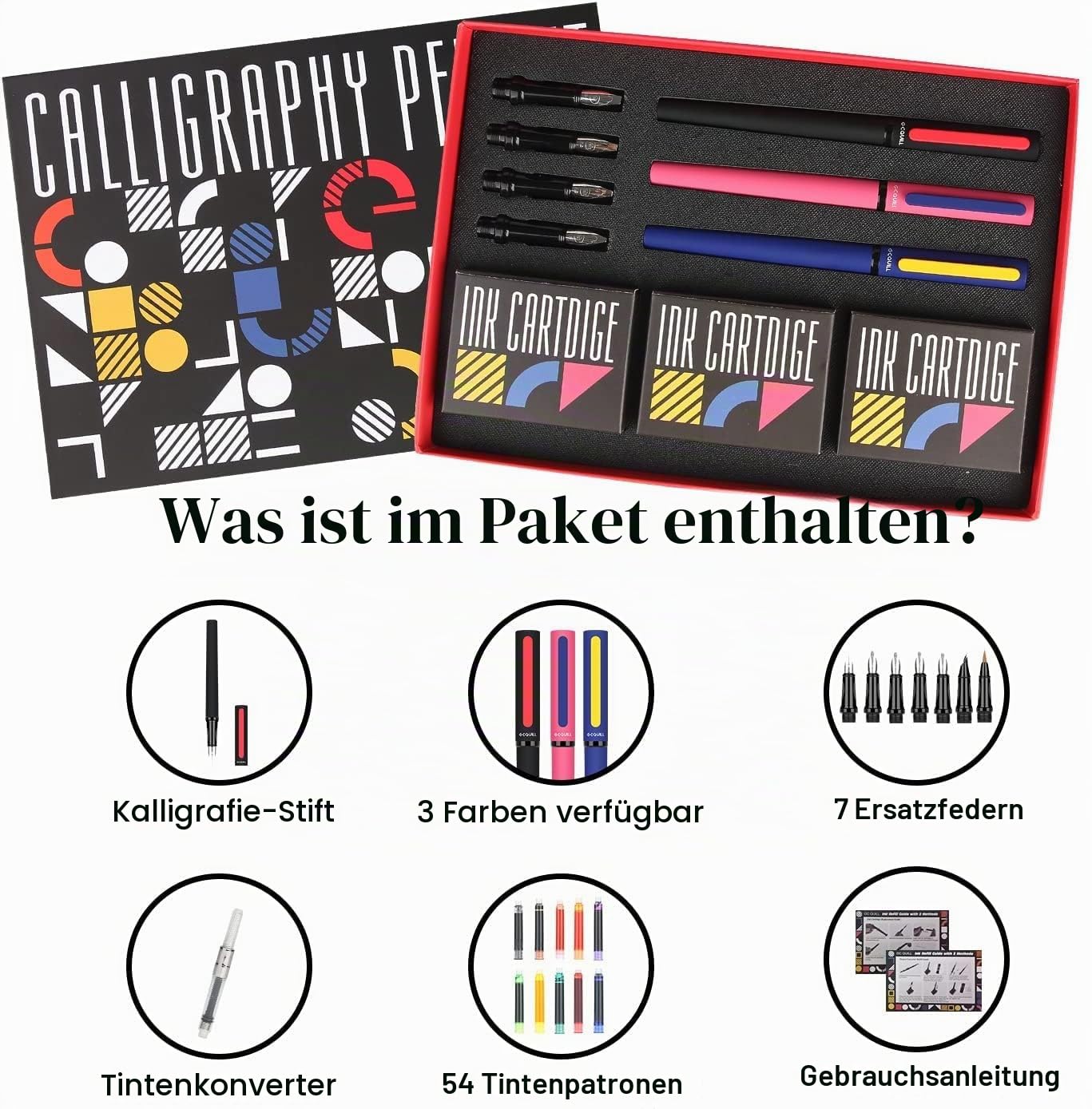 Füller-Set - 3 Füllfederhalter, 7 Federn, 54 Tintenpatronen - Schreiben, Zeichnen, Handlettering und Kalligraphie für Anfänger GC-F354