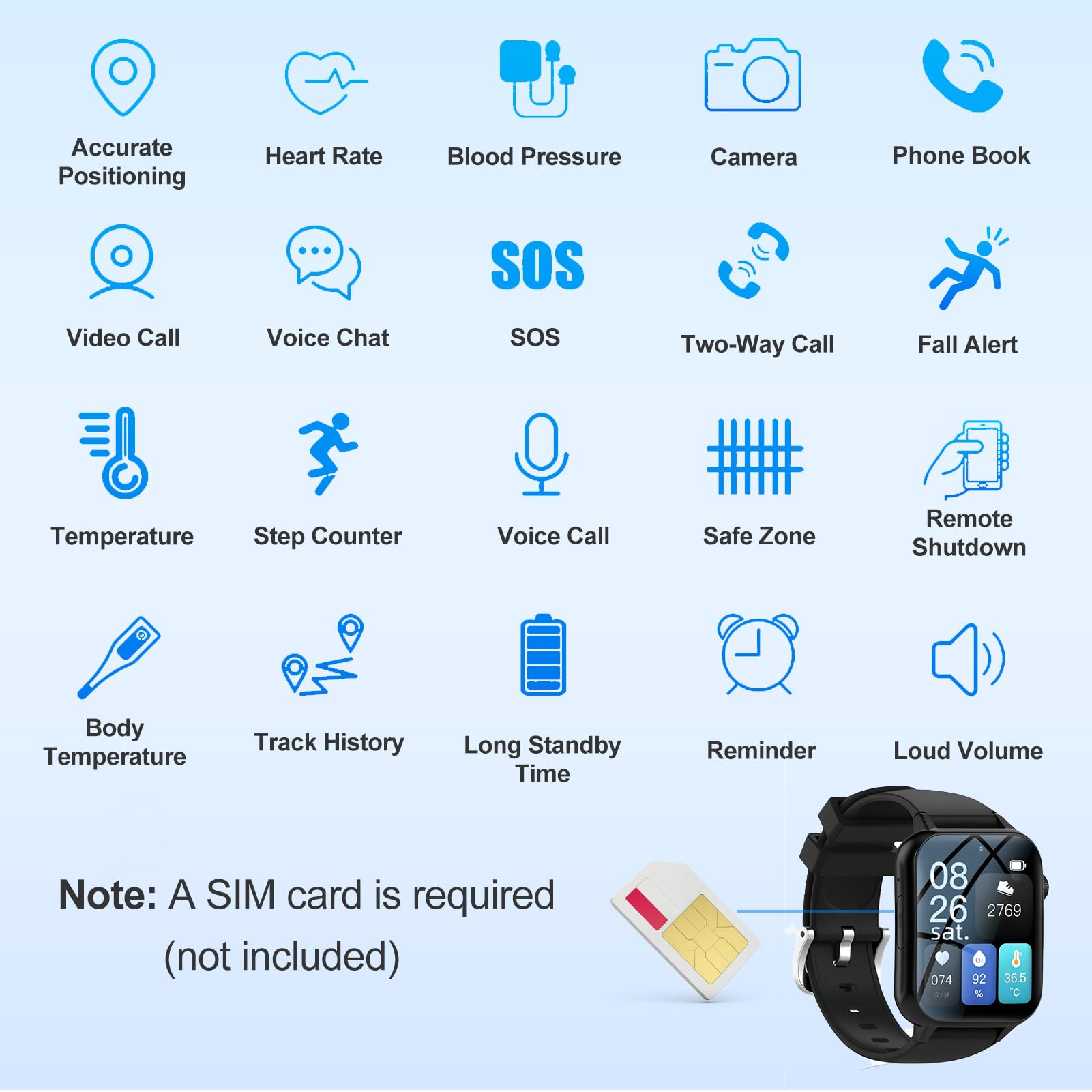 Reloj inteligente para personas mayores con GPS, SOS y alerta de caída, videollamada en tiempo real, anuncio de tiempo de voz, resistencia al agua IP67, interfaz multilingüe para adultos mayores
