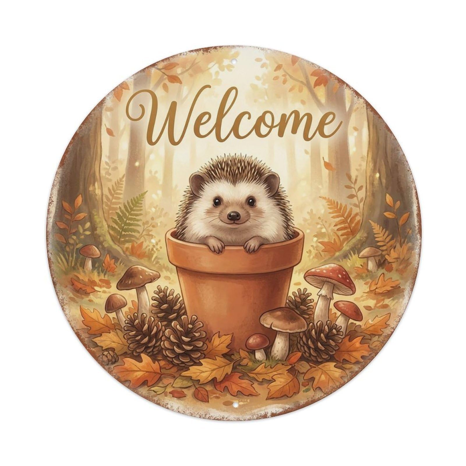Welcome Hedgehog Autumn Pinecones Vintage Metal Tin Sign Plaque Wall Decor for Cafe, Club Bar, Office, Garden Metal Poster 8x8Inch