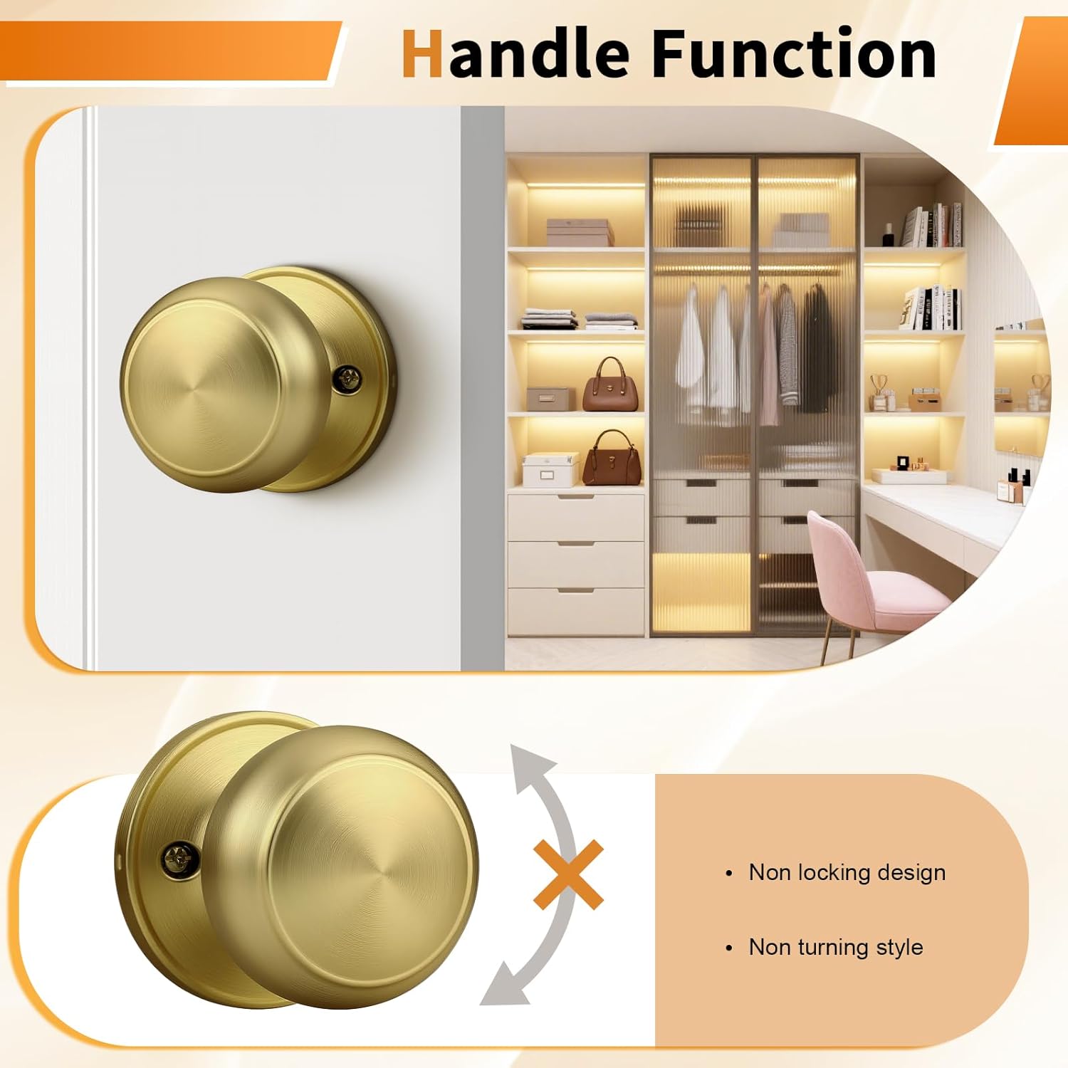 Probrico Brushed Brass Half Dummy Door Knobs, Round Non-Turning Inactive Gold Door Knob for Closet French Door, 2 Pack