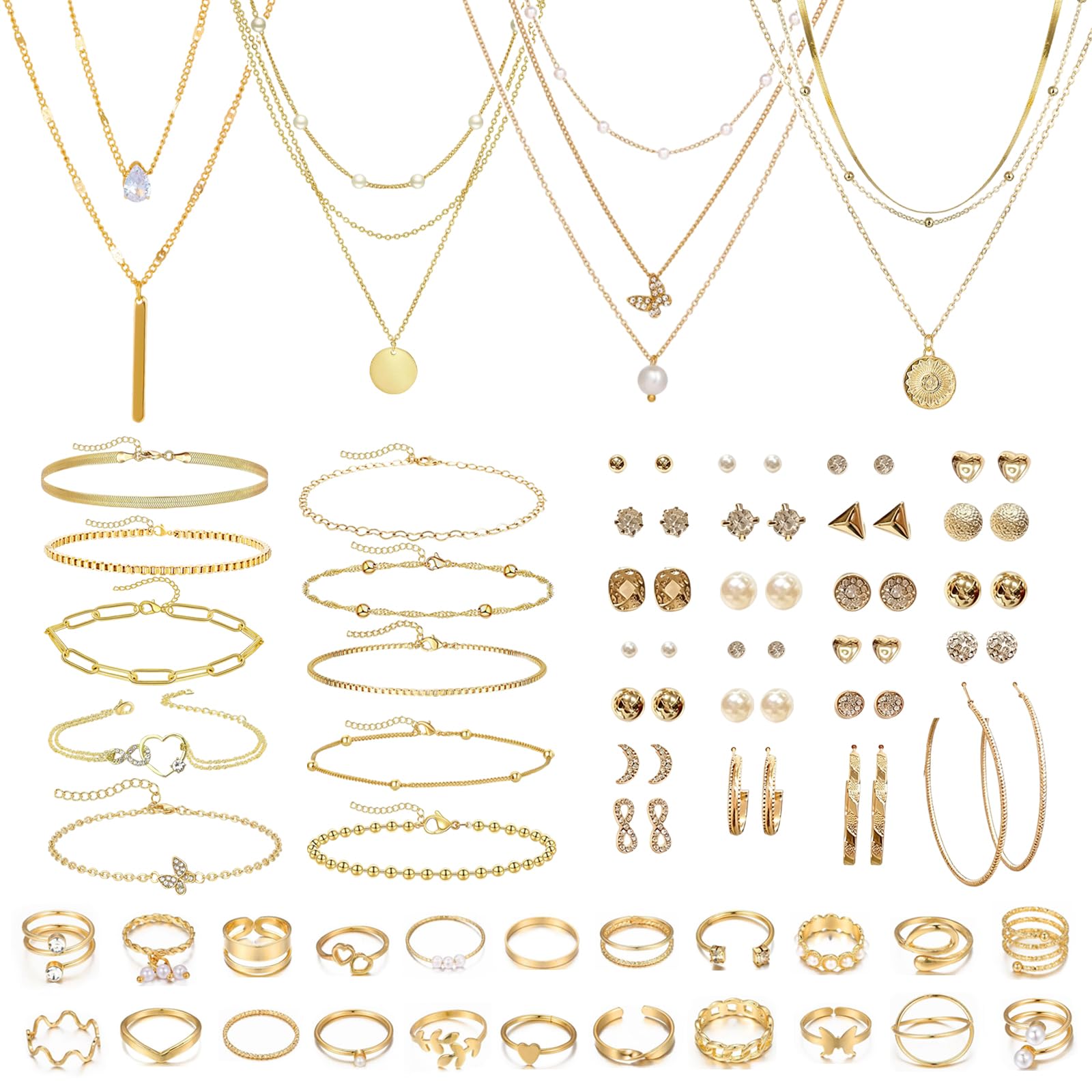 60 Pcs Parure Bijoux Femme Or, Bracelet Ensemble Bijoux Ensemble Bijoux, Boucle D'Oreille Bracelet Collier Perle Zircon Cubique CréOles Boucles D'Oreilles Pour Femme Fille Cadeau Bijoux