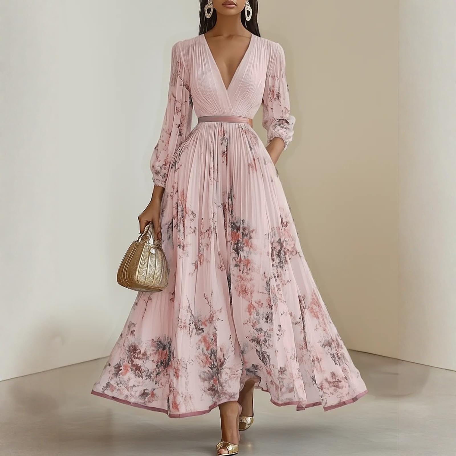 Abendkleider Elegant für Hochzeit A Linie Cocktailkleid Damen Hochzeitsgast Chiffonkleid V Ausschnitt Maxikleider Damen Sommer Hohe Taille Blumen Kleid Lang Cocktail Kleider Maxi Dress