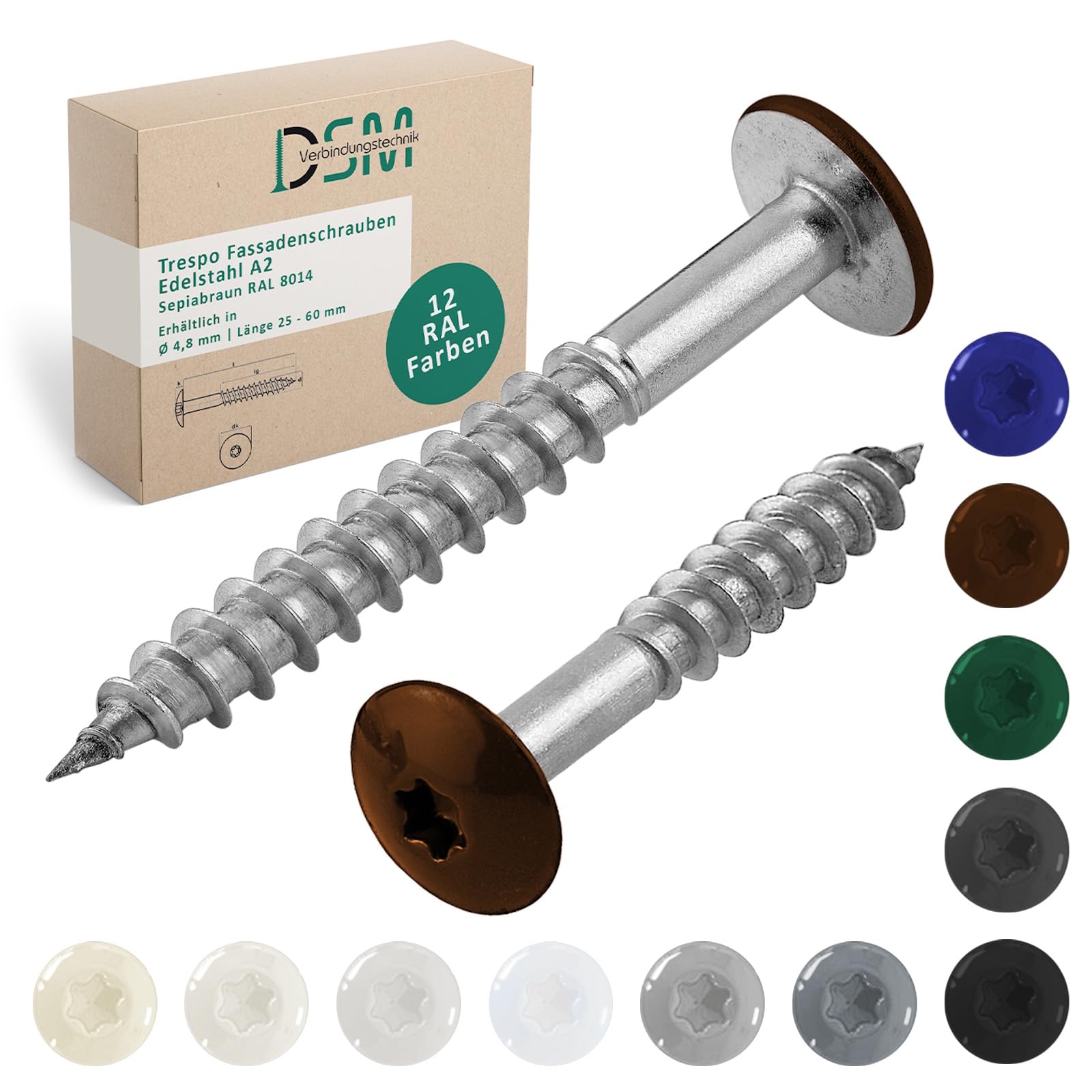 DSM | Trespo Fassadenschrauben 4,8 x 50 mm | Sepiabraun RAL 8014 | Edelstahl A2 | Flachrundkopf mit TX-Antrieb | selbstschneidend & korrosionsbeständig | Holzbauschrauben für HPL Platten | 200 Stück