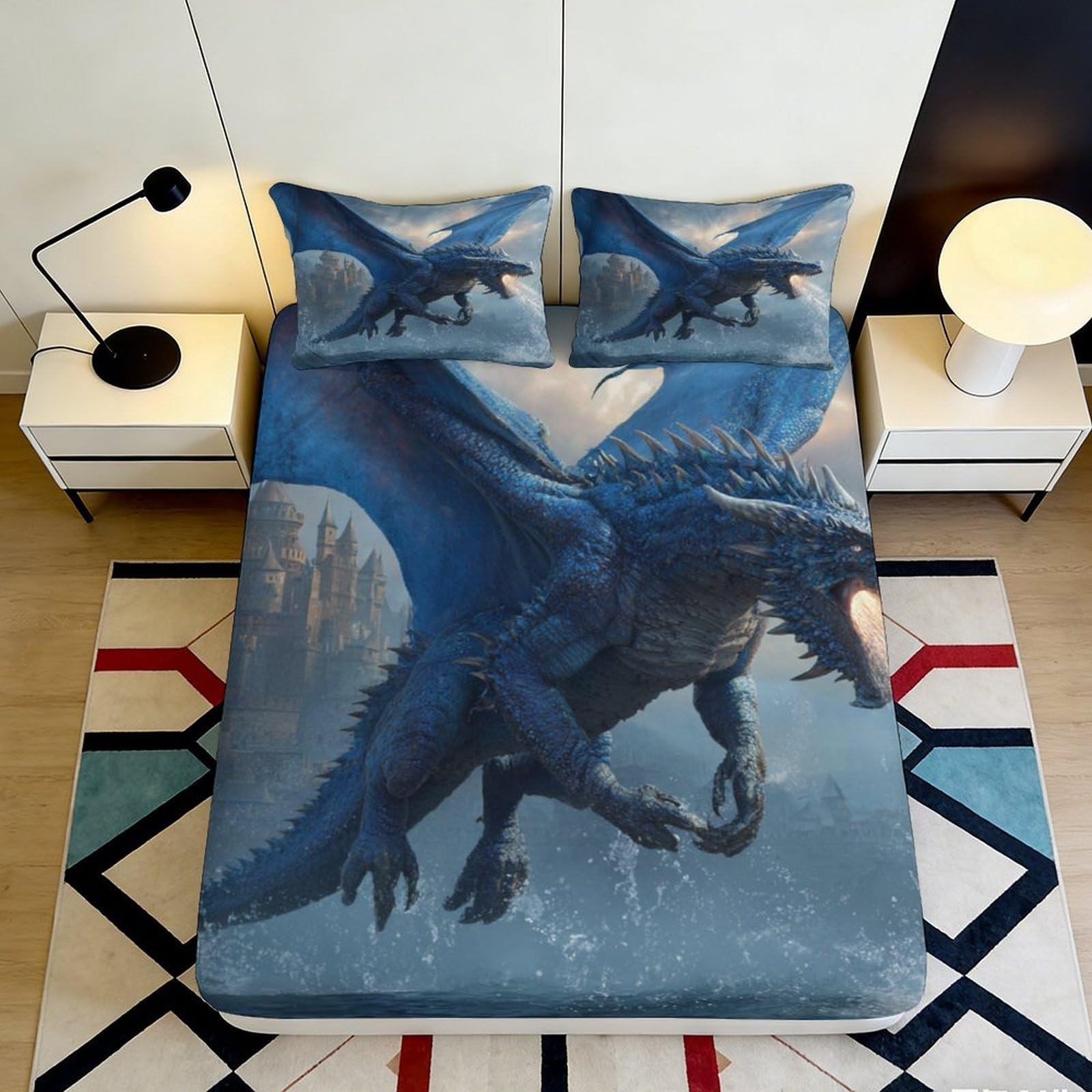 3D Printed Blue Dragon Fitted Sheet Microfiber Soft Breathable Fantasy Castle Bed Cover for Bedroom Dorm Decor 90x200x25cm