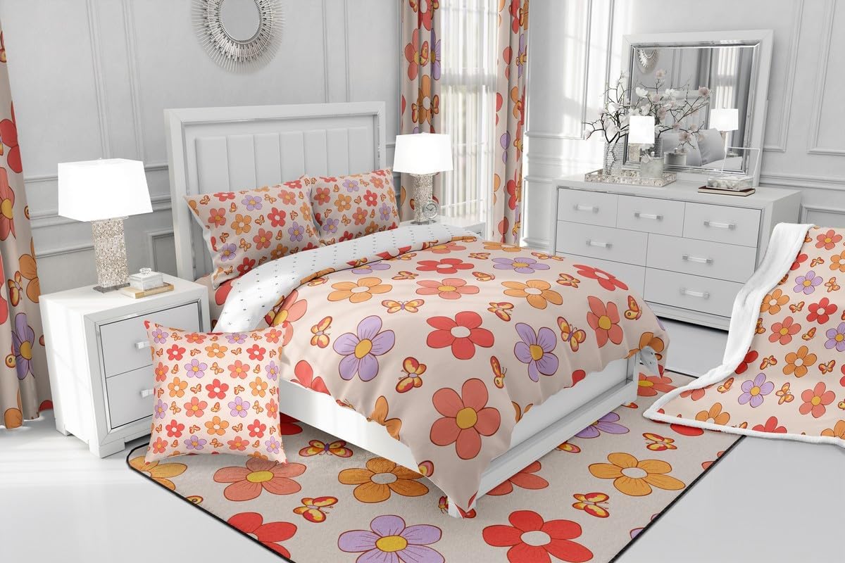 Erosebridal Groovy Flower Bed Set Purple Pink Floral Duvet Cover for Girls, Cute Butterfly Bedding Set King Orange Red Vintage Blossoms Comforter Cover, Hippie Fashion Bed Cover 3pcs (Zipper Closure)