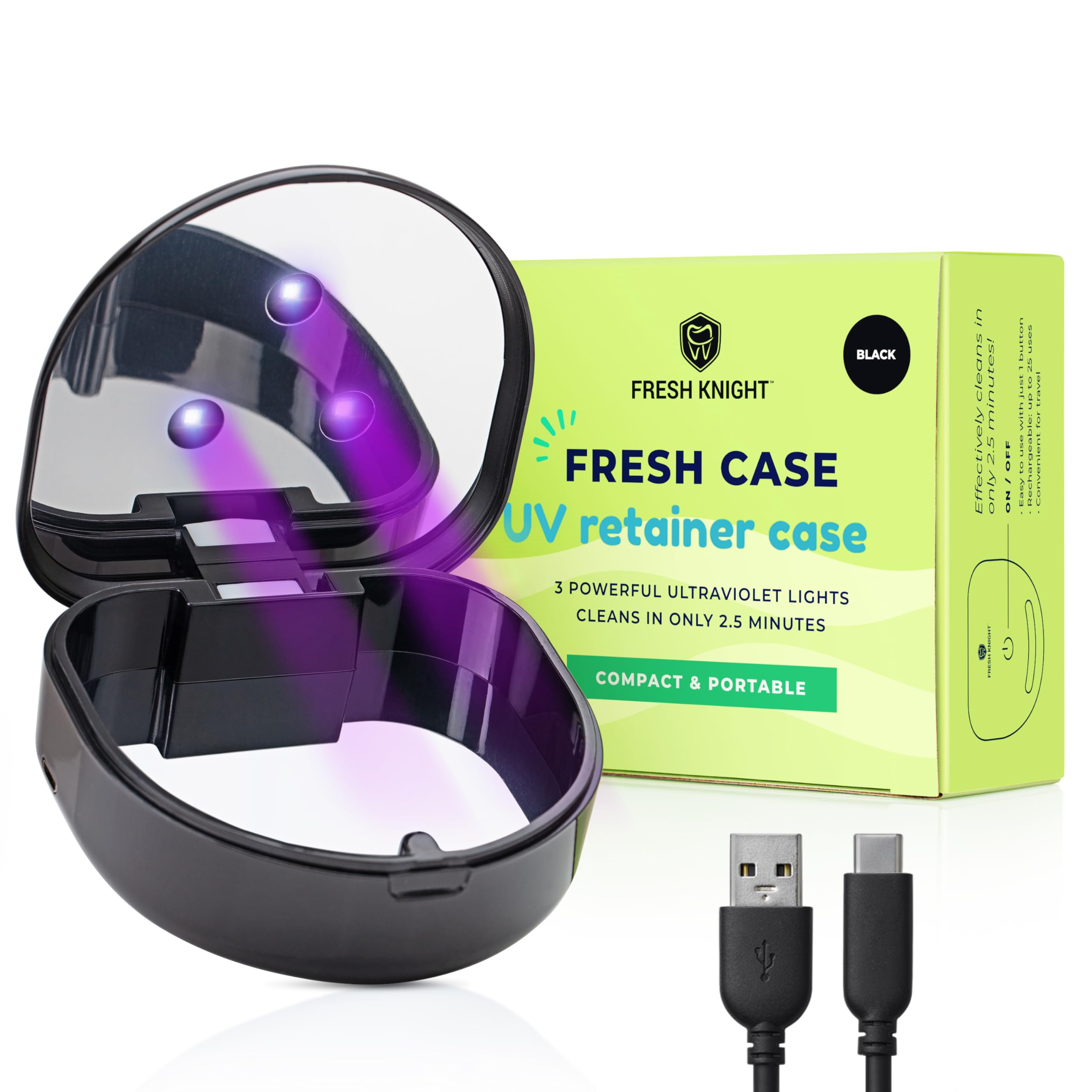 Fresh Knight Estuche retenedor UV | Limpiador retenedor UVC, desinfecta y Elimina olores, Funda Protectora bucal, Compatible con Estuche Invisalign, Fundas de retención | Fresh Case (Negro-UV)