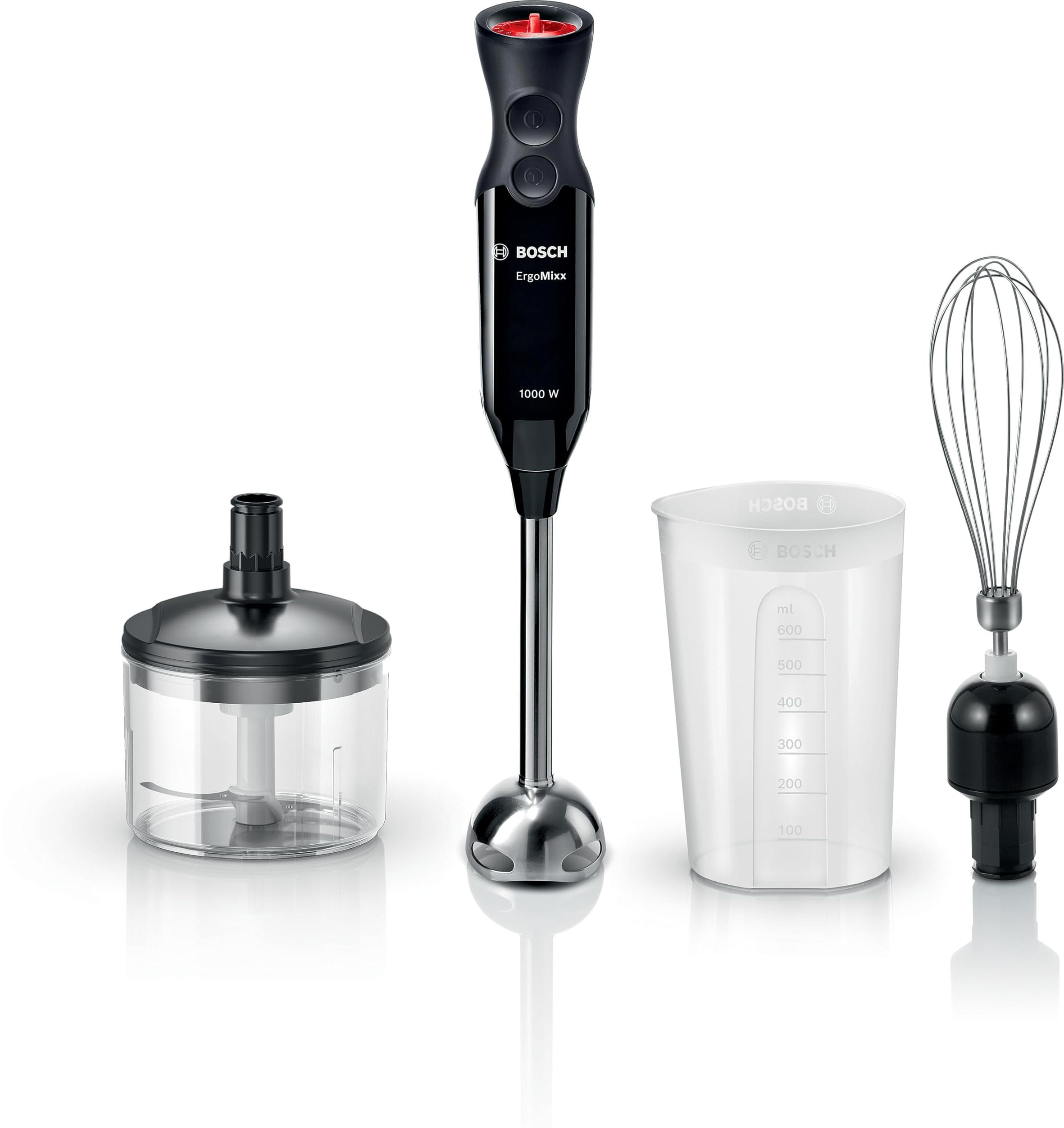Bosch ErgoMixx – Batidora de mano 1000 W, 12+1 velocidades, Turbo, QuattroBlade, Picador y vaso, Negro antracita, MS61B6150