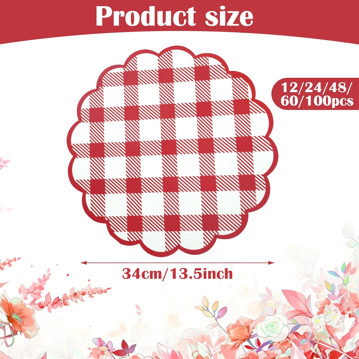 Red Checkered Paper Placemats 13.5 Inch Scalloped Round Disposable Gingham Place Mats, Waterproof Decorative Table Mats for Baby Shower Outdoor Picnic BBQ Birthday Tea Party