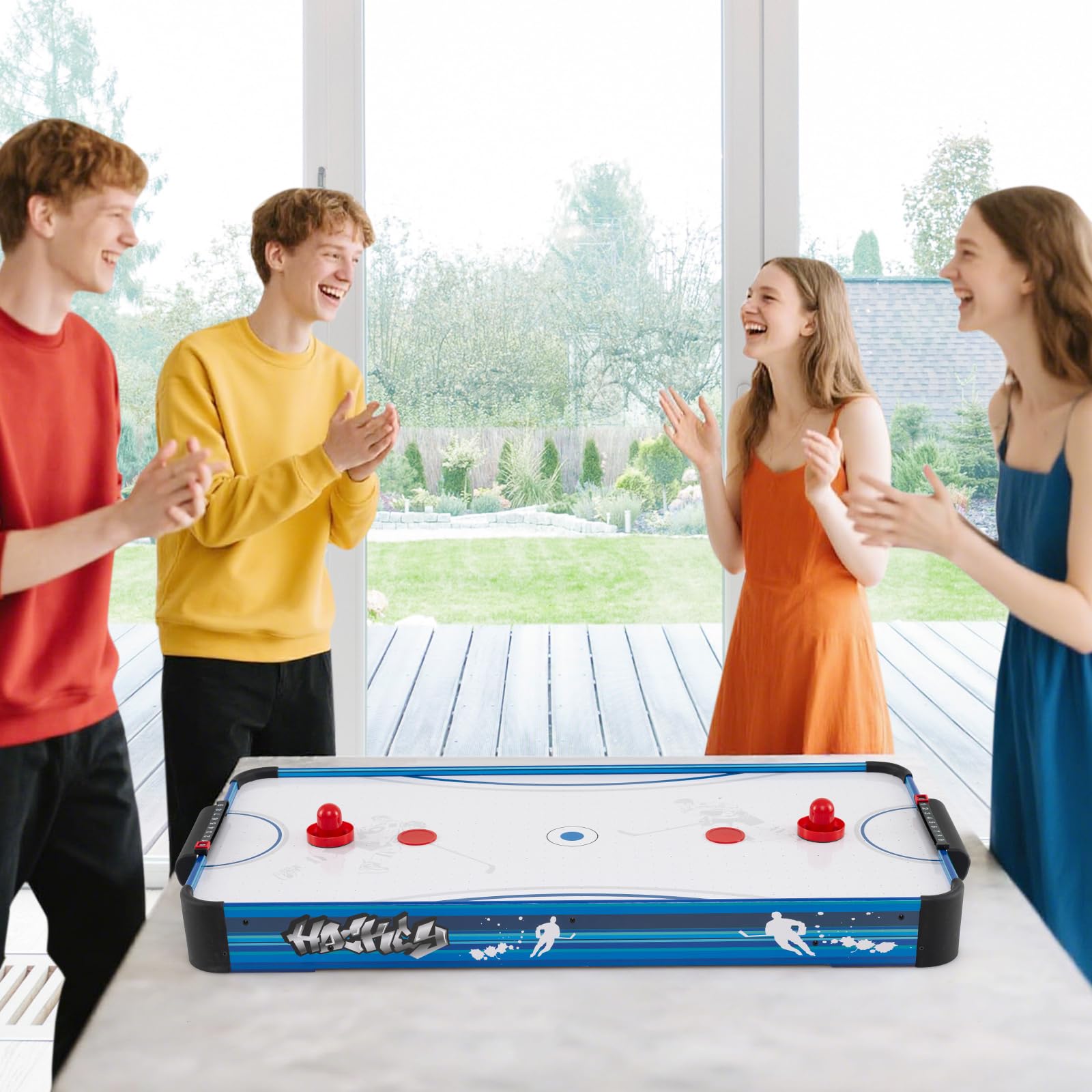 GOPLUS Airhockey Tisch, Air Hockey Spieltisch mit leistungsstarkem 12V Lüfter, 2 Pucks, 2 Schläger, 2 Zählwerke, Lufthockeytisch für Erwachsene und Kinder, Spielzimmer, Wohnzimmer, Büro