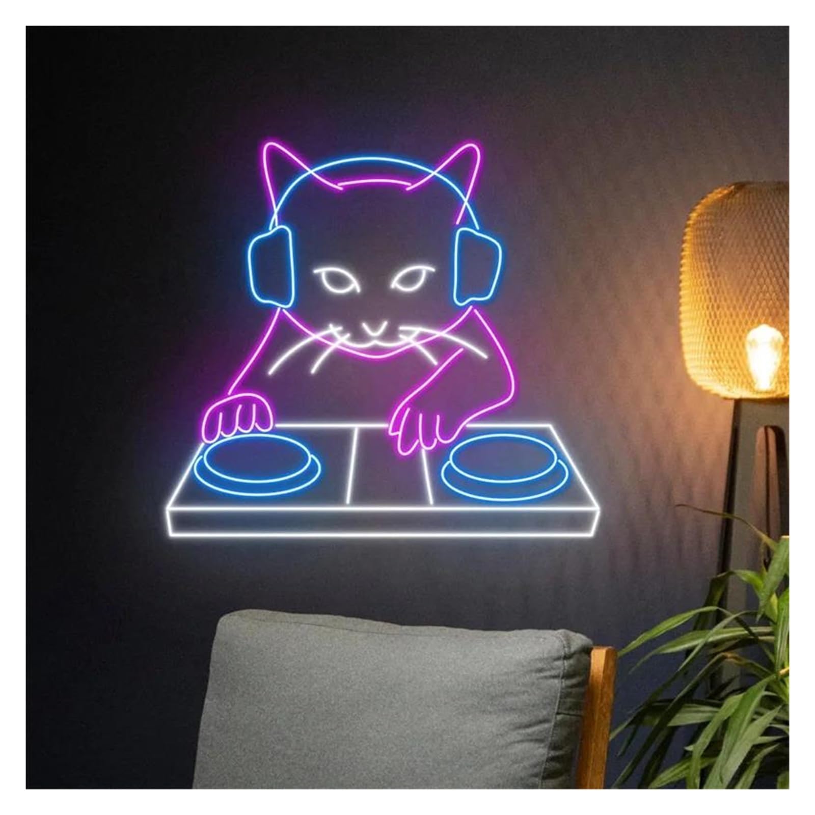 Insegna al Neon Insegna Al Neon A Con Gatto DJ Che Suona Musica Per Bambini, Camera Da Letto, Negozio Di Animali, Decorazione Da Parete Per La Casa, 38cmx35cm