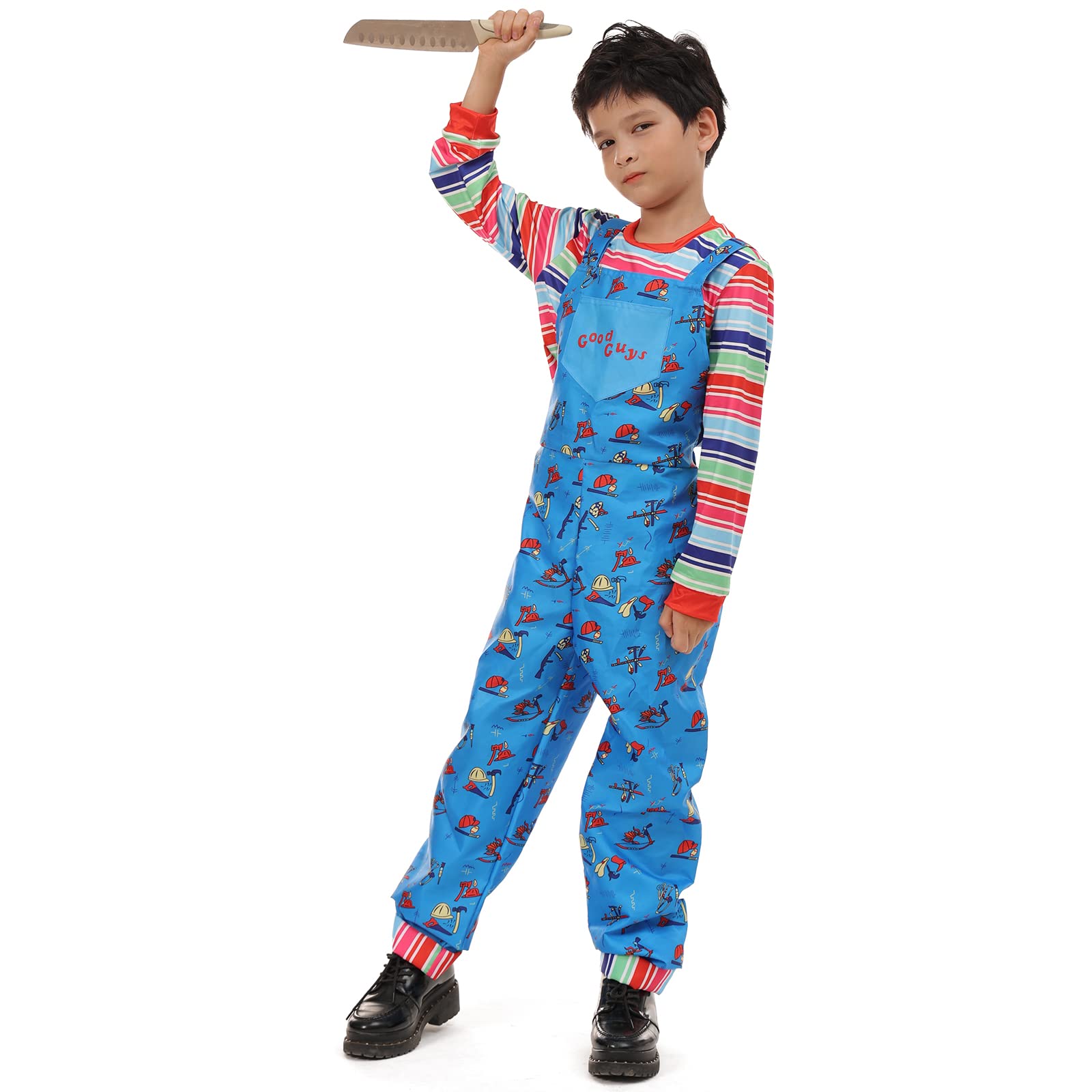nezababy Chucky Costume Kids Chuckie Jumpsuit Rainbow Striped Top with Scary Killer Cosplay Overalls Halloween Dress up(S/120) - Image 2
