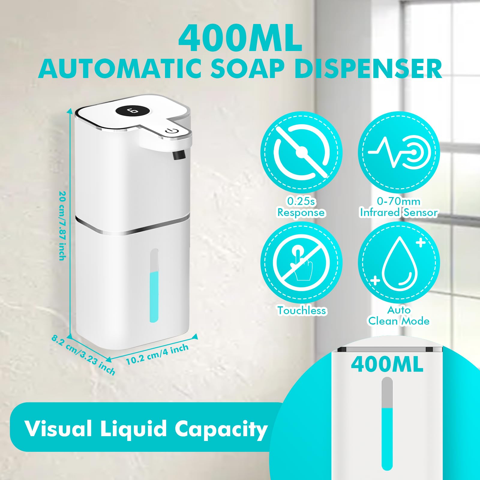 400ML Dispenser Sapone Automatico con Sensore con 2 ganci e cavo USB, 6 Livelli Regolabili Dispenser Sapone Bagno a Muro Bianco, IPX5 Impermeabile per Cucine, Bagno, Hotel, Ufficio, Servizi Iigienici