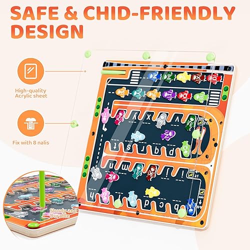 Miniatura 8 de Tmgooyier Laberinto magnético del alfabeto, juguetes de aprendizaje del alfabeto del automóvil, rompecabezas de laberinto de letras magnéticas,