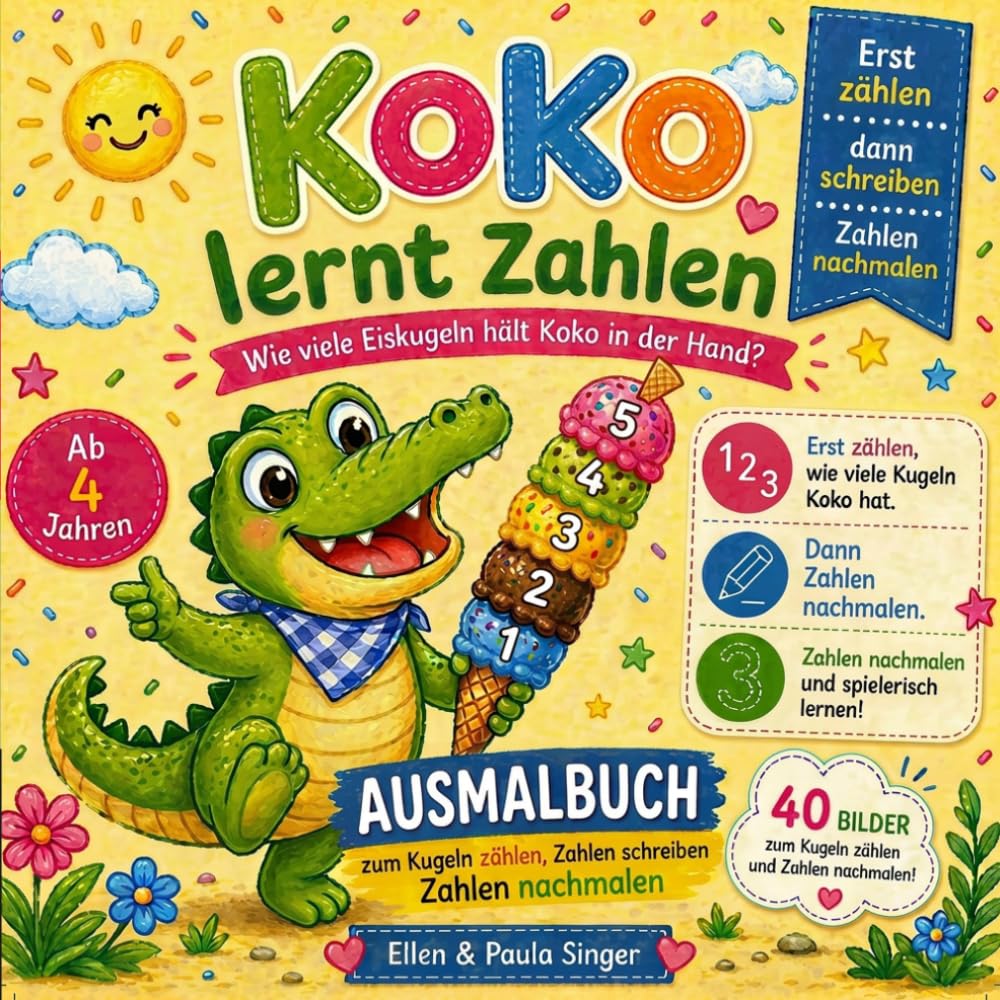 Koko lernt zählen und Zahlen schreiben.: Wie viele Eiskugeln hält Koko in der Hand? Ab 4 Jahren.