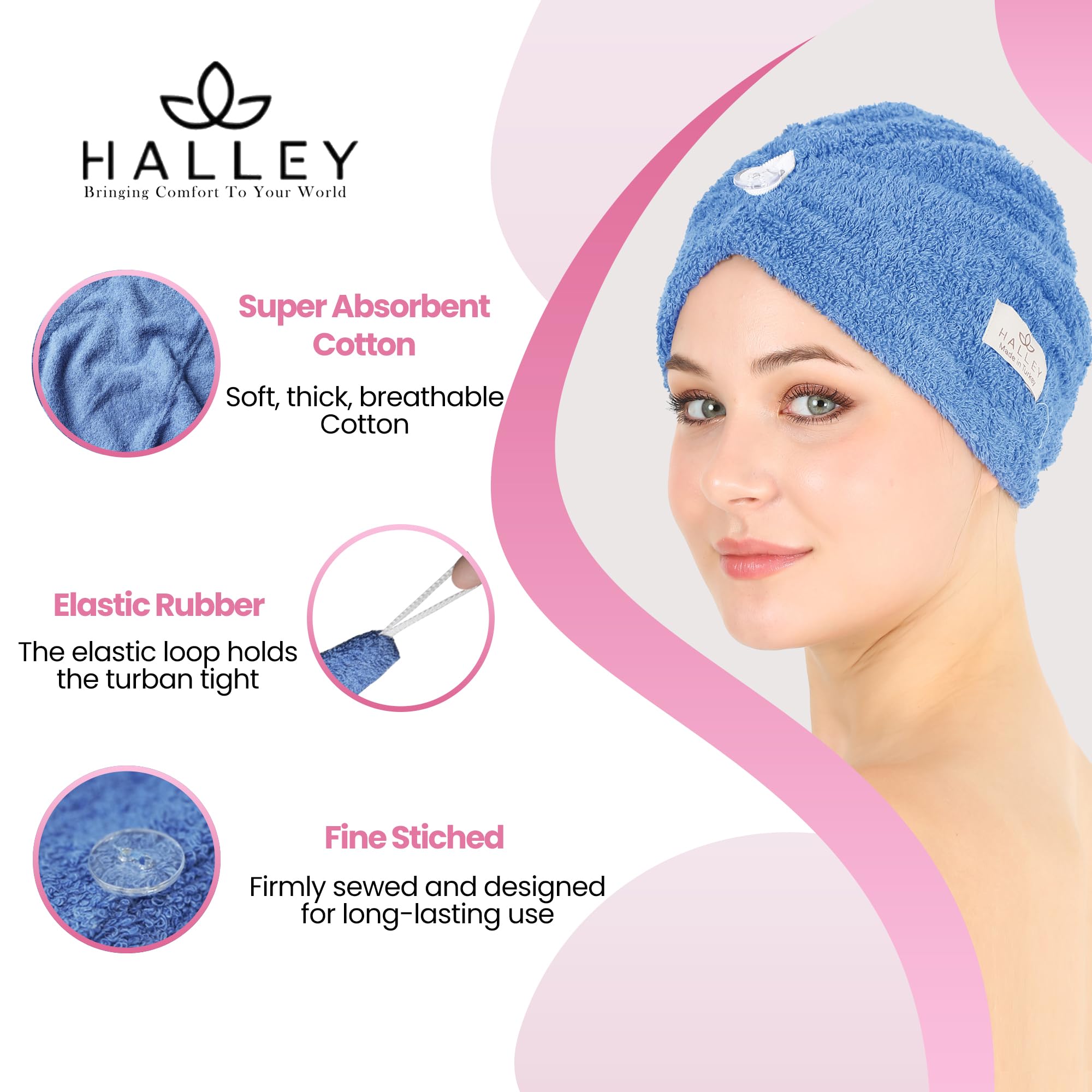 HALLEY Toalla de algodón para el cabello, 3 paquetes, súper absorbente, antiencrespamiento, de secado rápido, para cabello rizado, largo y grueso, turbantes para cabello húmedo con botón, toalla para