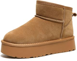 Women's Classic Ultra Mini Ankle Boot, Platform Snow Boots, Fur Fleece Lined Short Ankle Boot, Comfortable Warm Suede Leather Winter Anti-Slip Snow Boots