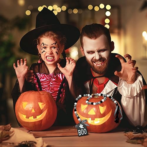 Miniatura 5 de Guirnalda de cuentas de madera de Halloween, guirnalda de cuentas de madera de 40 pulgadas con cuerda de yute, borla a cuadros, etiqueta clásica de