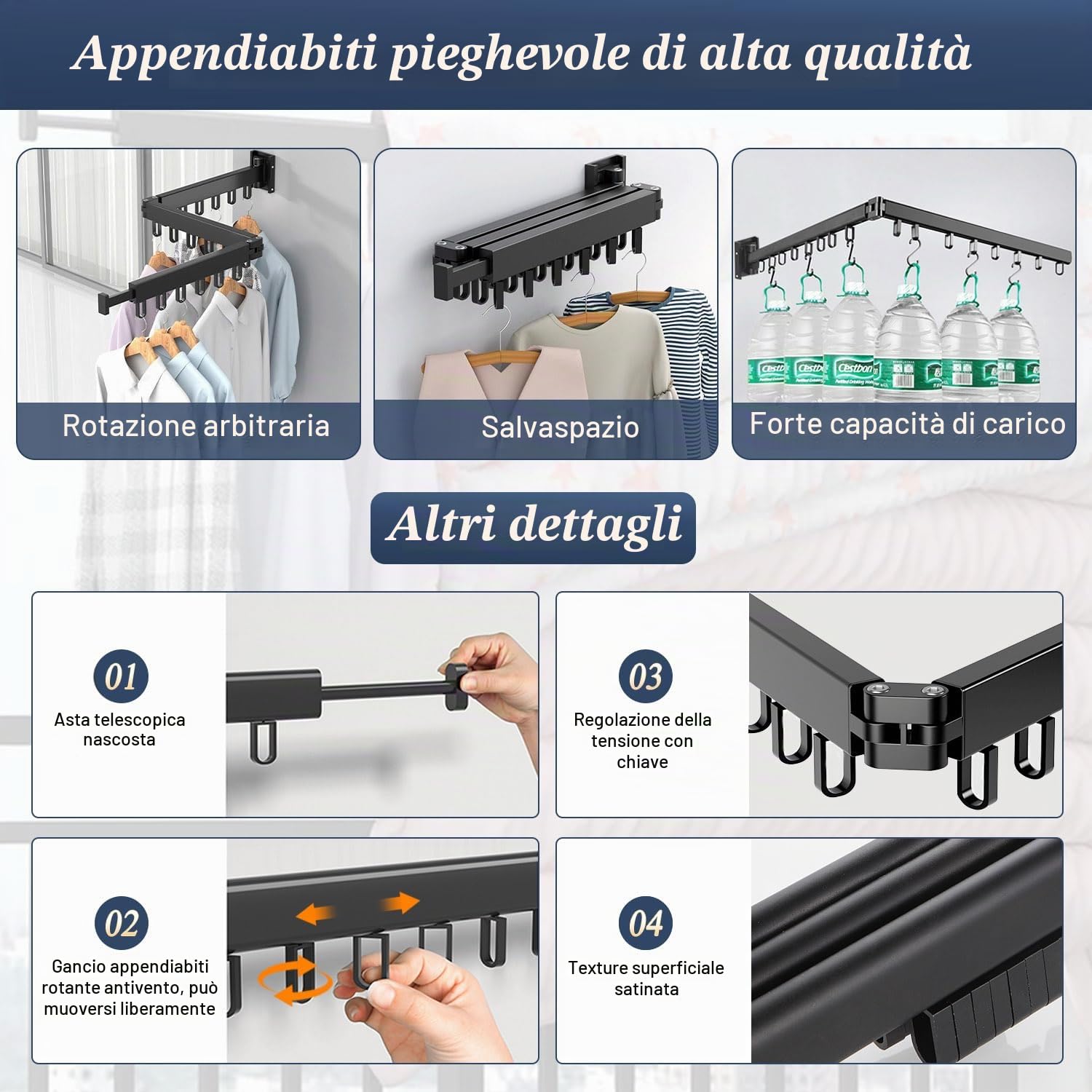 Stendino da Parete Richiudibile, Appendiabiti da Muro in Alluminio, Stendibiancheria da balcone Esterno Allungabile per Balcone, Lavanderia, Guardaroba, Cucina, Bagno (nero)