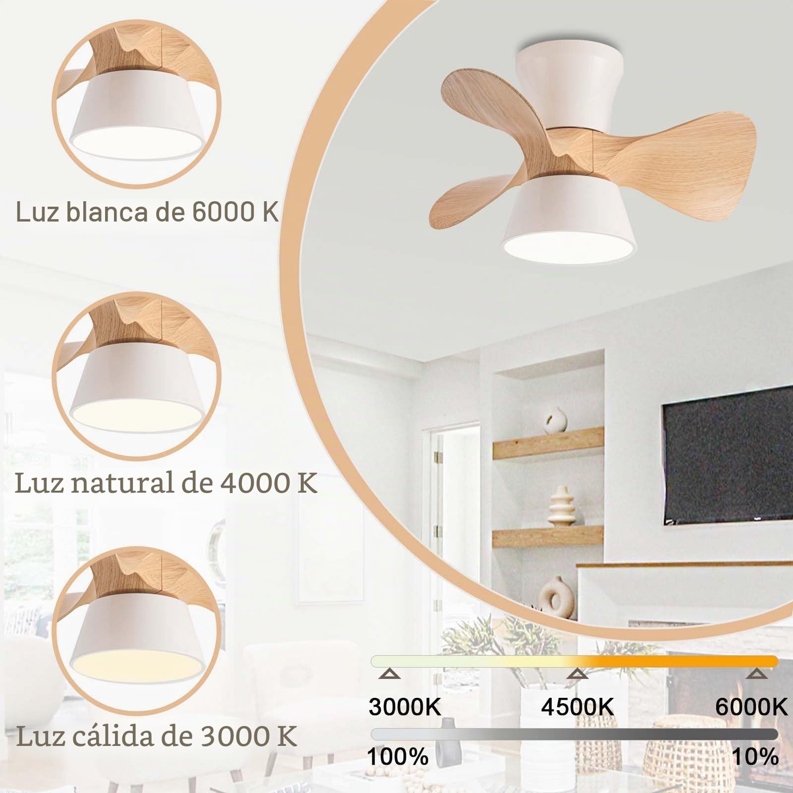 Ventilador De Techo Con Luz Silencioso LED Regulable Lampara Ventilador DC Reversible 6 Velocidades Timer Pequeña Ceiling Fan with Light Para El Dormitorio De Los Niños Salón-Wood Grain