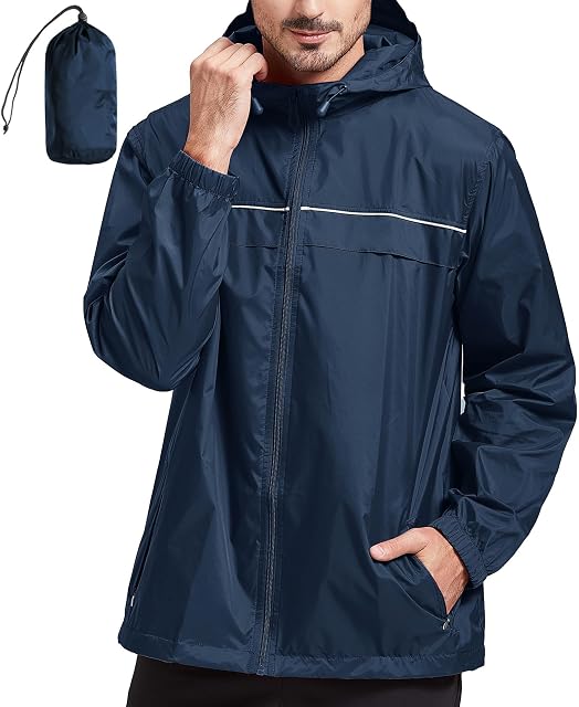 Rain Jacket Men Waterproof Windbreaker Packable Lightweight Raincoat with Hood for Golf Fishing