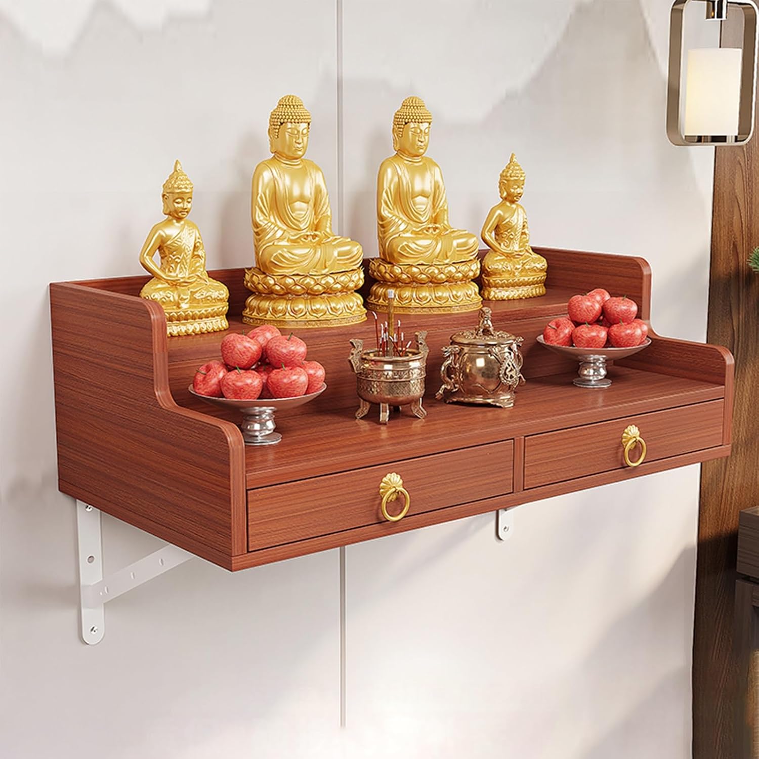 Wall-Mounted Step sacrificial Table with Two Storage Drawers, Small Prayer Bench, Pooja Cabinet with Hooks,Meditation Stand