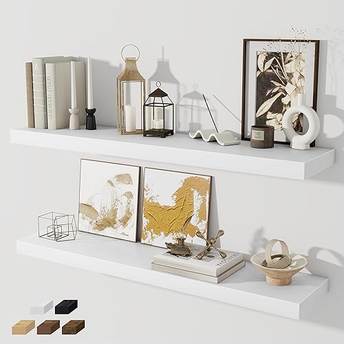 Miniatura 45 de Estantes flotantes para pared, juego de 2 estantes flotantes de 28 pulgadas, estante de madera rústica montado en la pared para baño, sala de estar,