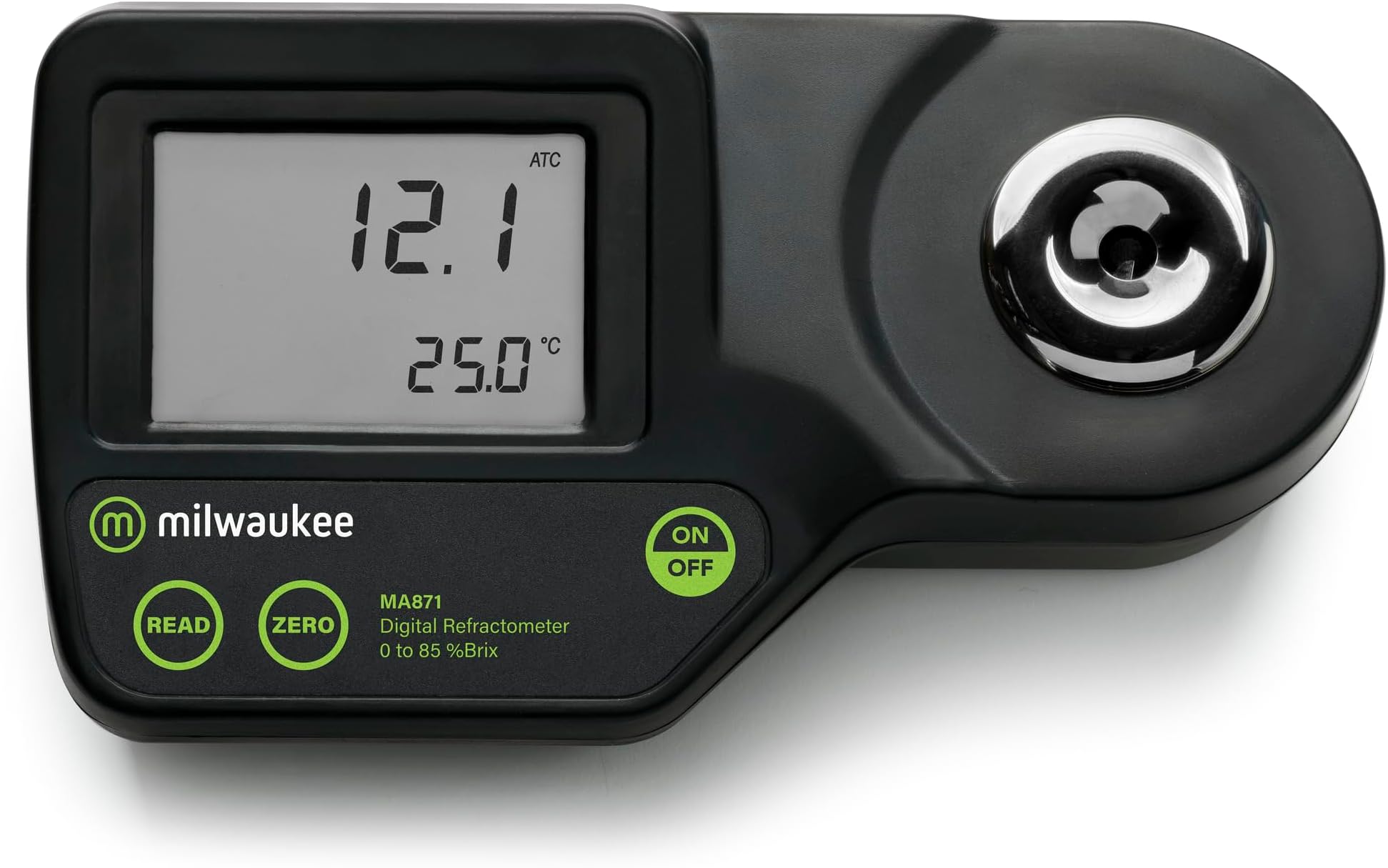 Milwaukee MA871 digital glucose refractometer with automatic temperature, yellow LED, 0 to 85% Brix, +/- 0.2% accuracy, 0.1% solution
