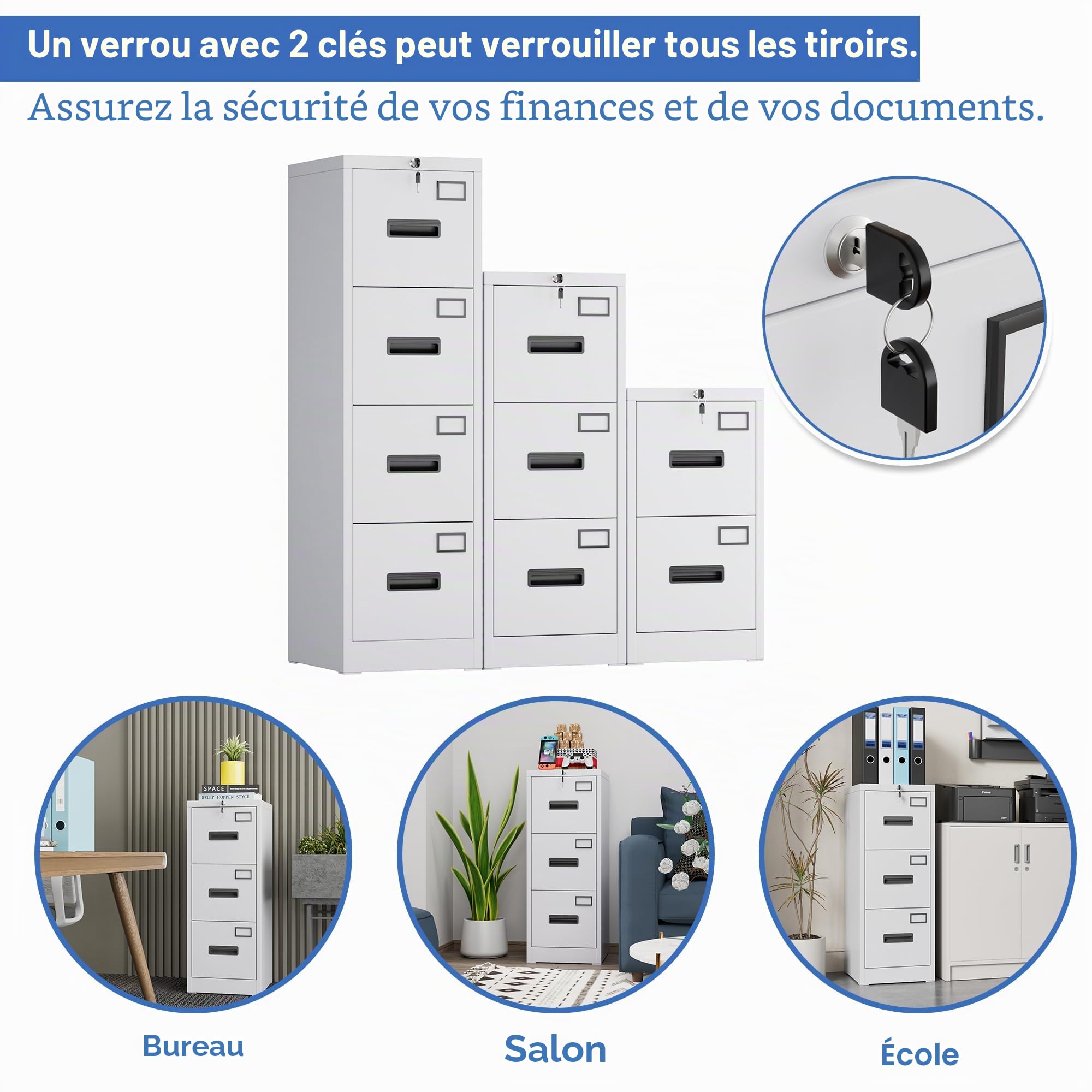 Armoire de classement A4 - en métal - Verticale - Armoire de Bureau pour Bureau à Domicile - Support d'imprimante - avec 3 tiroirs verrouillables pour dossiers Suspendus (Blanc)