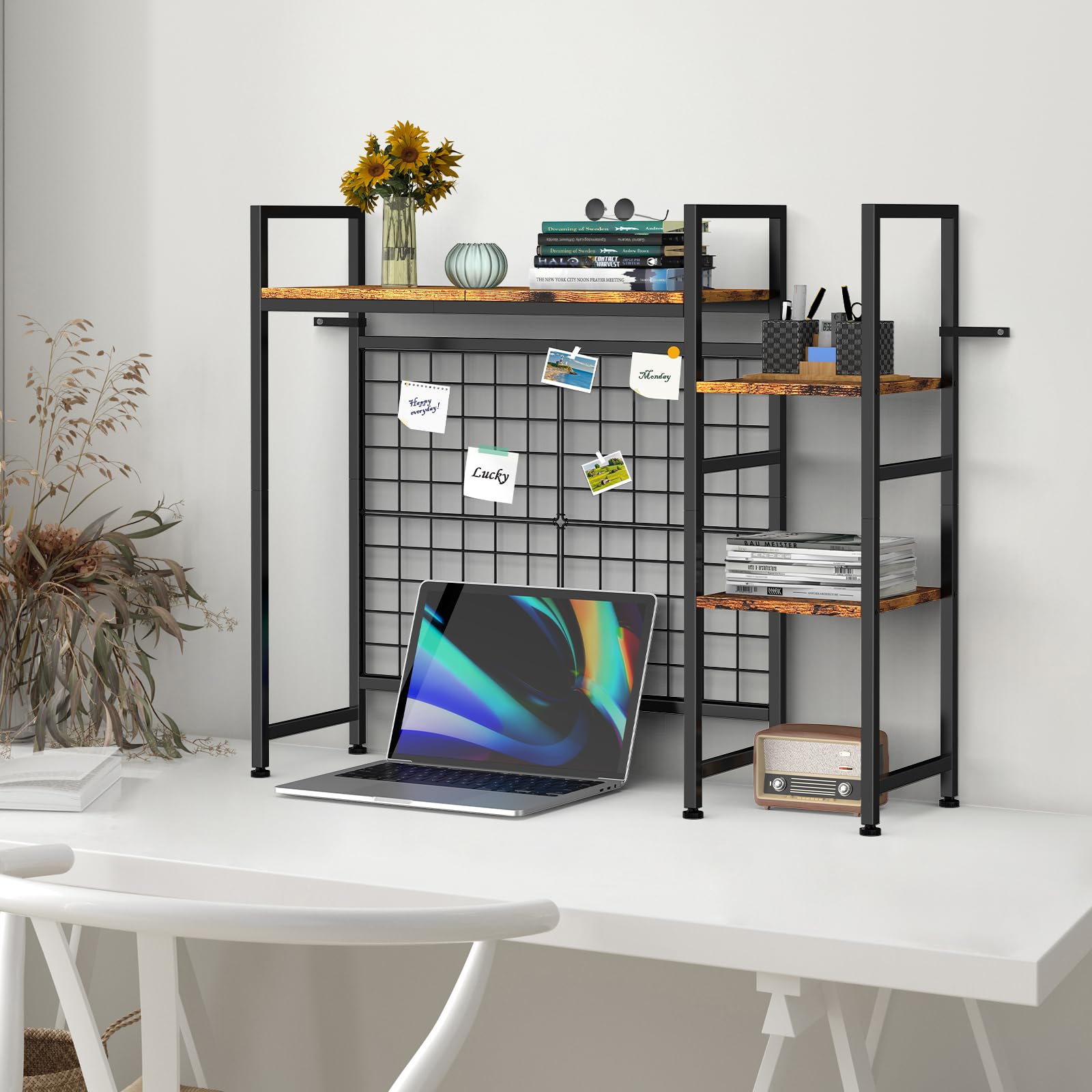 YBING Libreria da scrivania per computer, Organizer da Scrivania, Mensola da Scrivania per la Parte Superiore Della Scrivania, Nera, a 4 Ripiani, Multiuso, in legno, con Ripiano Regolabile
