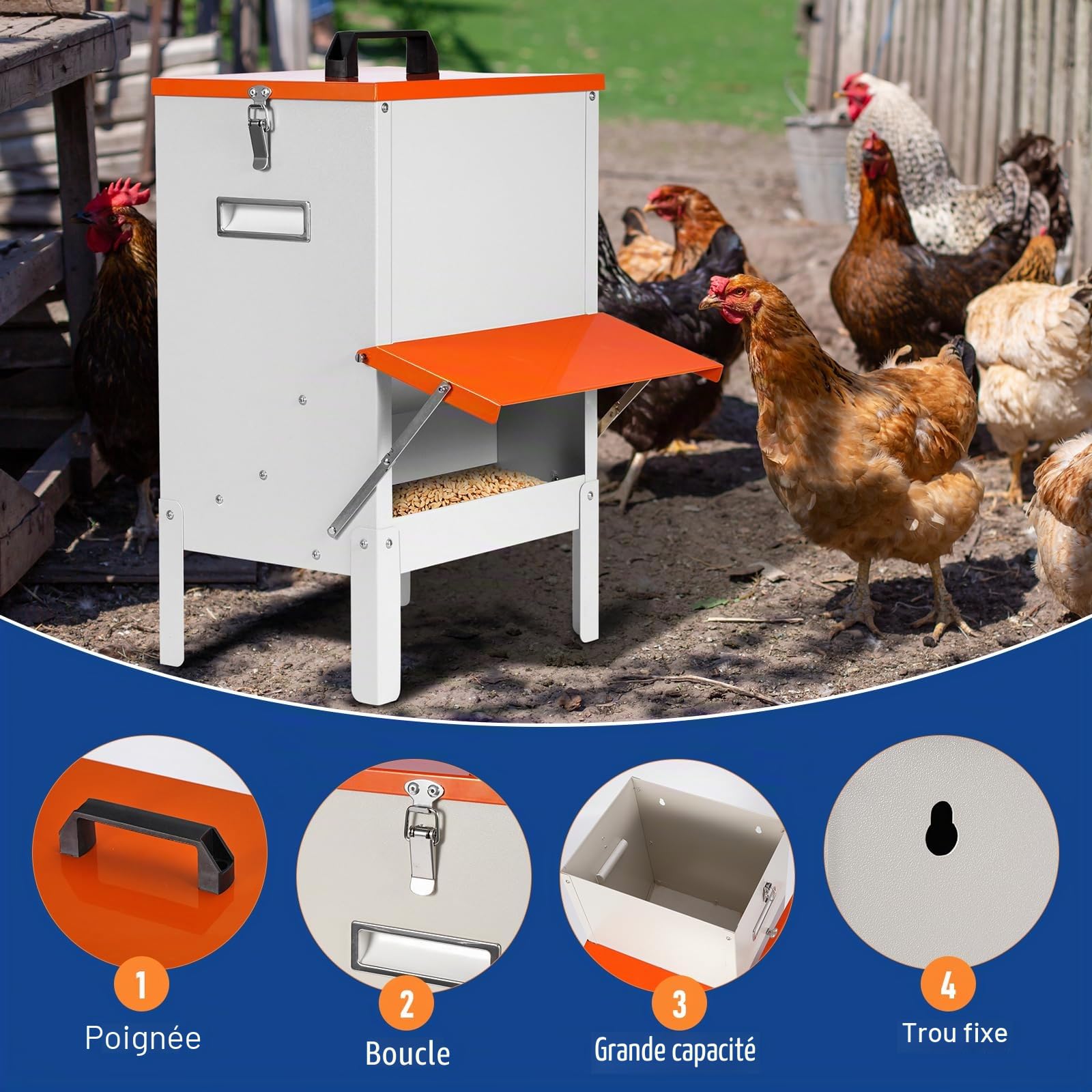 Mangeoire Automatique pour Poules Mangeoire MéTallique pour Volailles Sans Gaspillage Grande Mangeoire Suspendue Avec Couvercle Pour Poules, Canards, Oies, Pigeons, 50 Lb D'Alimentation pour Poules
