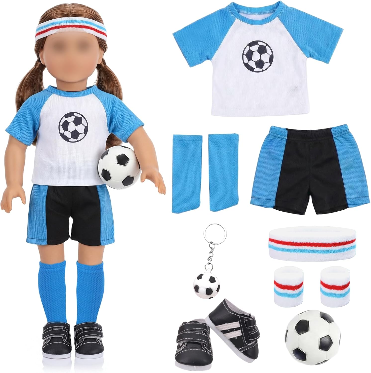18 inch Doll Clothes, Soccer Uniform Doll Outfit & Accessories Set, Includes Shirt Shorts Socks Headband Shoes Football Key Ring, Sport Doll Clothes Fits 18" Dolls