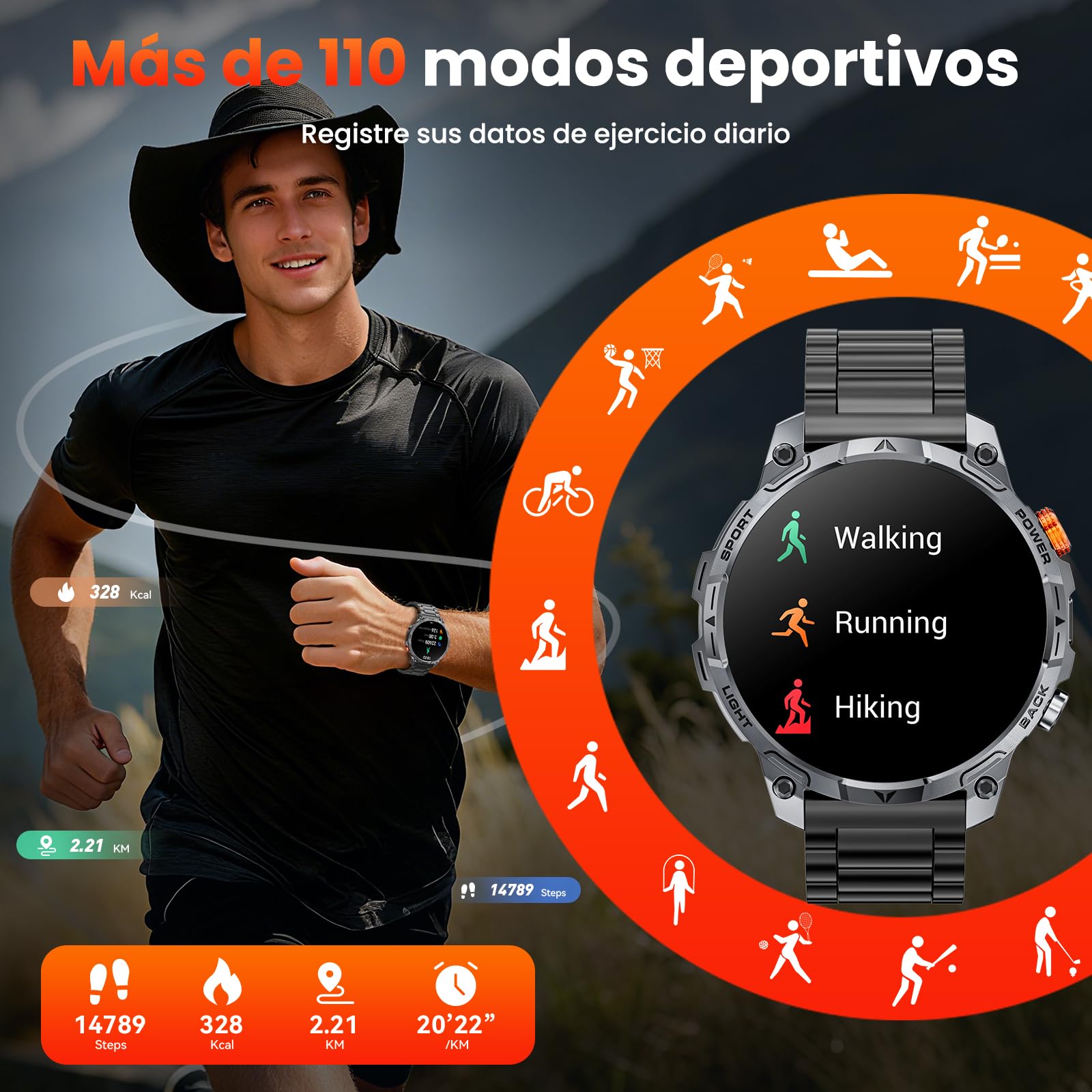 Reloj Inteligente Hombree Militares,1000 mAh Smartwatch, Dos Correas, Pantalla HD 1,75", Linterna LED, 100＋Modos Deportivos, Salud Monitorizada, Llamadas Bluetooth para iOS Android (Negro)