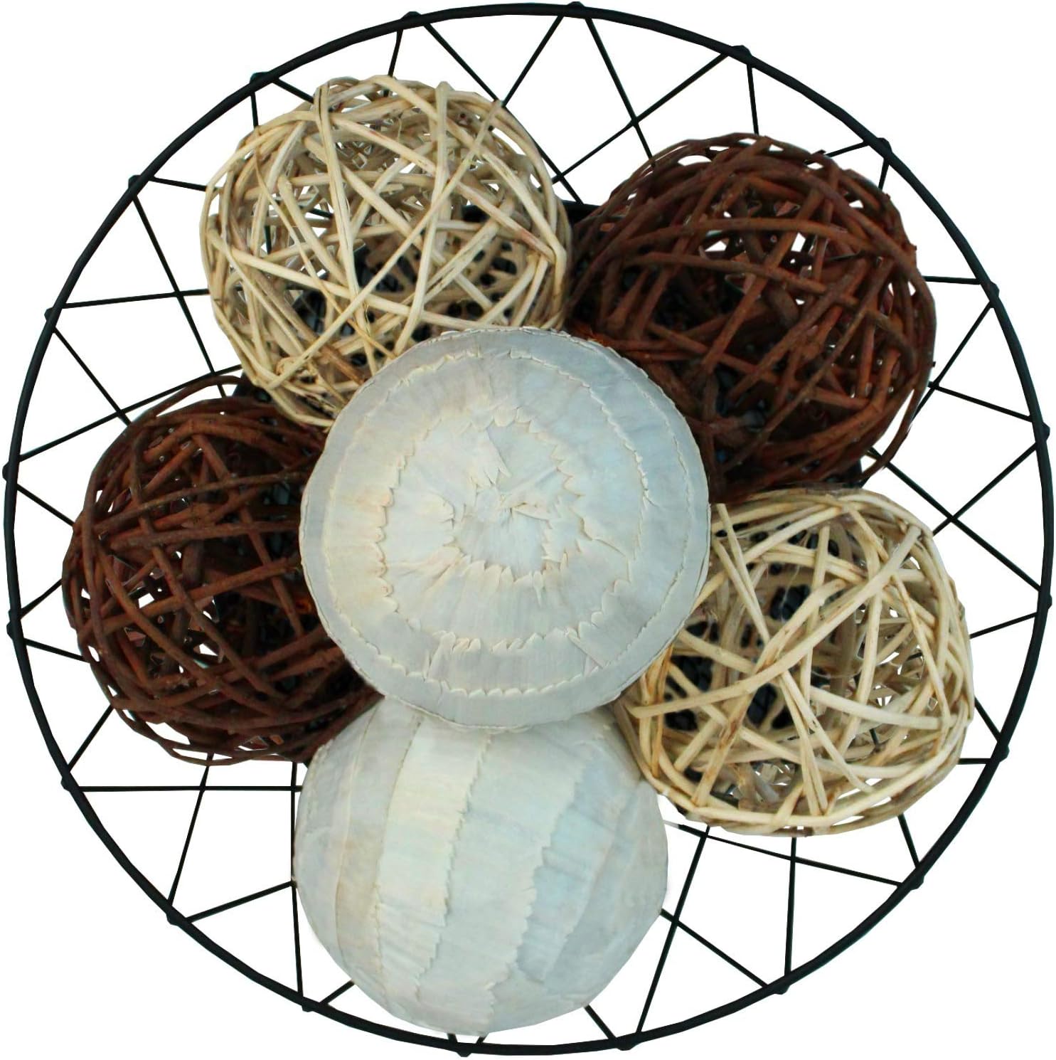 Blue Donuts Decorative Balls for Bowls â€“ Decorative Balls for Centerpiece Bowl Fillers, Assorted Rattan Wicker Orb Balls, Vase Fillers, Brown, Pack of 6