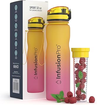 Infusion Pro 32 oz Fruit Infuser Water Bottle with Time Marker - Flip Top Locking Lid, Insulated Sleeve & 50 Recipe Fruit Infusion Water eBook Leak Proof for Gym, Sports, Travel Unique Gift Idea