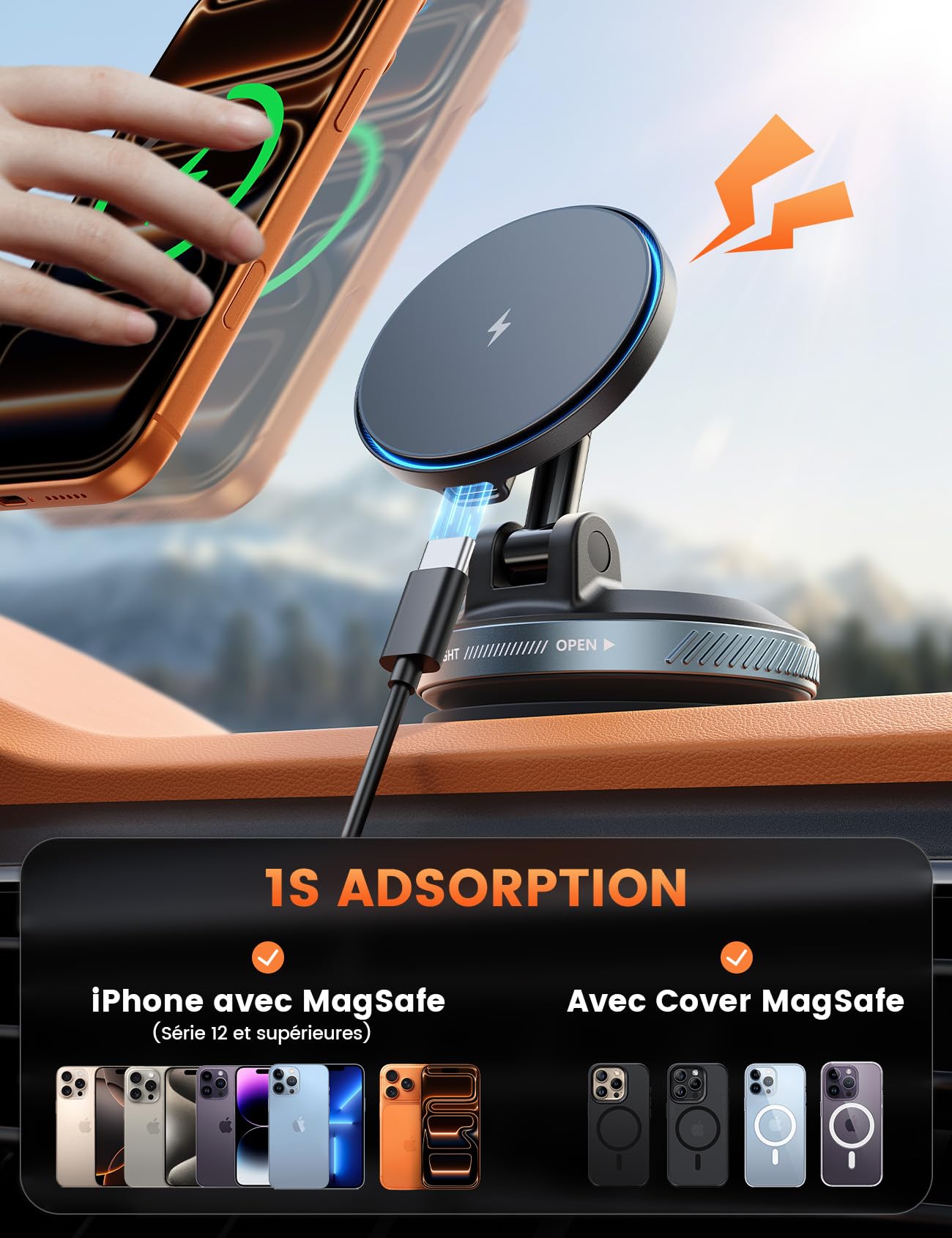 Lamicall 15W Chargeur Voiture pour Magsafe - [30KG Forte Aspiration] Magnétique Support Téléphone Voiture, Chargeur sans Fil Voiture avec Ventouse sous Vide, Aimant Puissant, pour iPhone 17 16 15 14