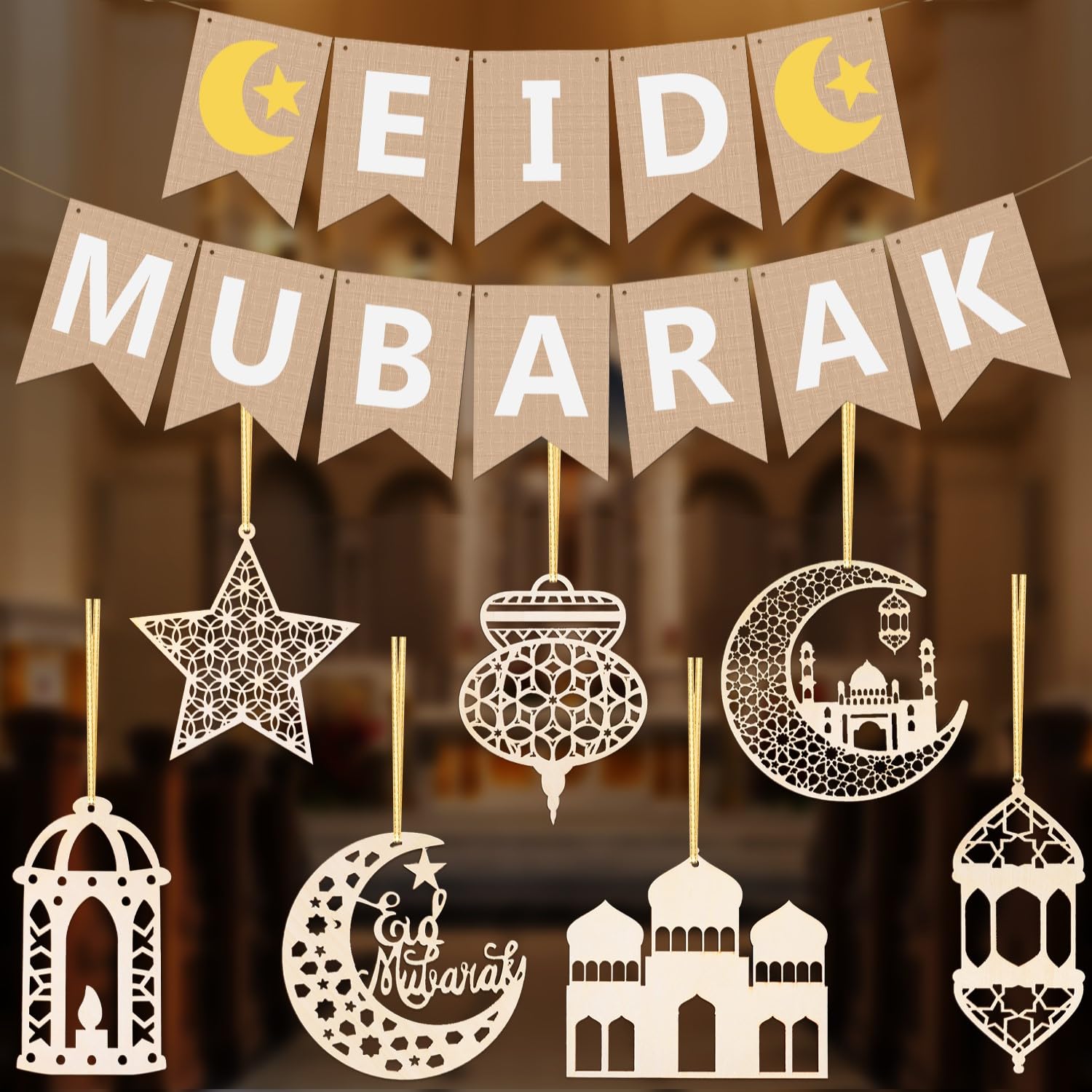 iZoeL Eid Mubarak Decorations Set Eid Banner Wooden Hanging Ornaments with Gold Sticker Islamic Decor for Home Restaurant Offices Party Iftar al-Fitr Celebrations