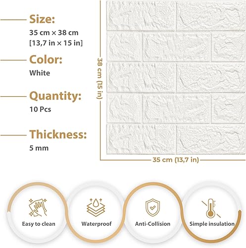 Miniatura 3 de JOLOV 10 paneles de pared 3D autoadhesivos de espuma de polietileno, impermeables, perfectos para decoración de paredes interiores en dormitorio y