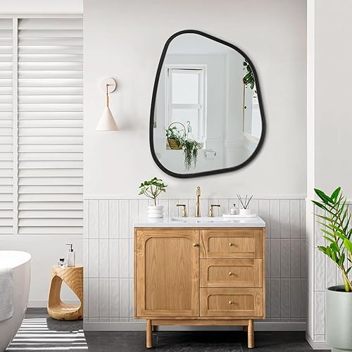 Miniatura 100 de Espejo de pared irregular de 26 x 18 pulgadas, espejo de baño grande asimétrico con marco de madera, espejos decorativos artísticos modernos