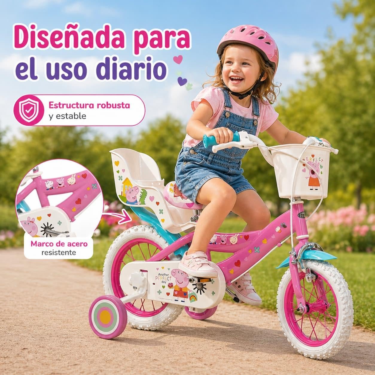 Kinderfahrrad Peppa Pig 12 Zoll mit Stützrädern Korb Puppensitz 3-5 Jahre
